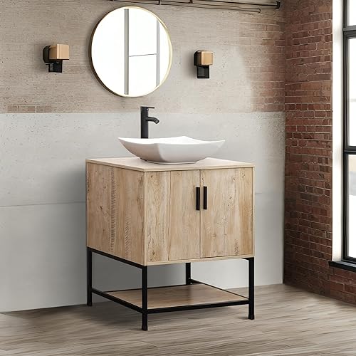 Miniatura 5 de UEV Juego de tocador de baño rústico de 30 pulgadas con fregadero, marco de hierro industrial con puertas y estante, con combinación artística de