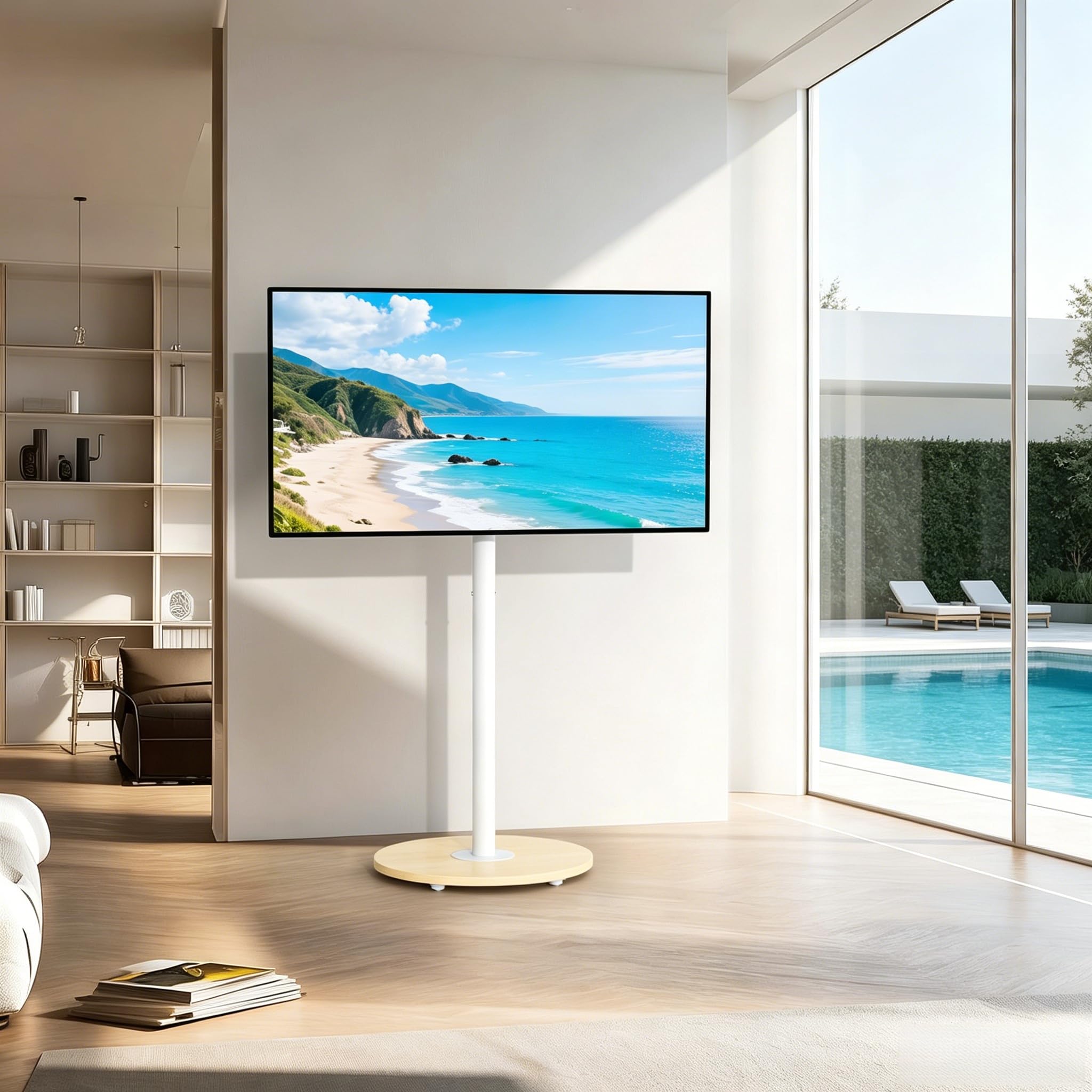 Supporto TV da Pavimento con Ruote Nascoste Legno Base per 40-75 Pollici Peso Max 50kg Max VESA 600x400mm, Regolabile in Altezza, Bianco