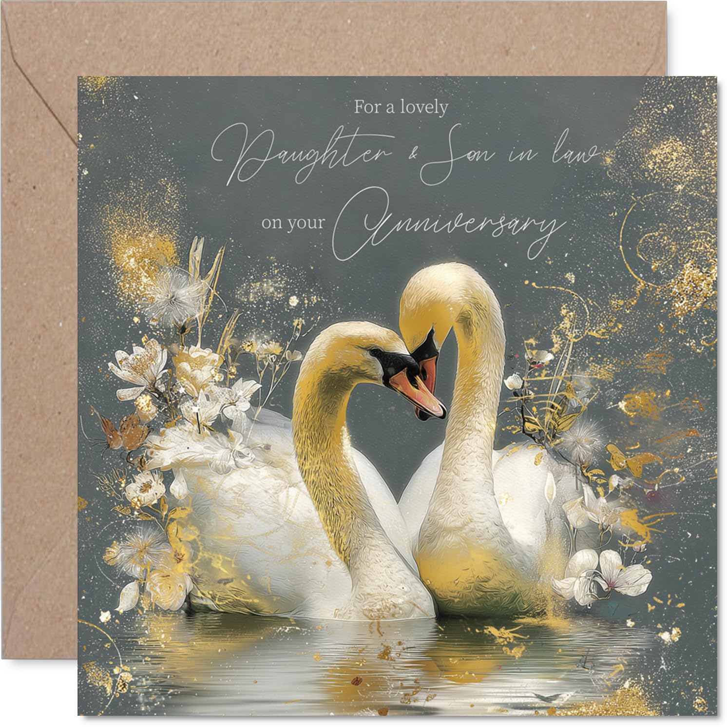 Gold Daughter & Son in Law Anniversary Card - Gold Swans - Happy Anniversary Card for Daughter & Son in Law from Dad Mum, 145mm Golden Wedding Anniversaries Greeting Cards