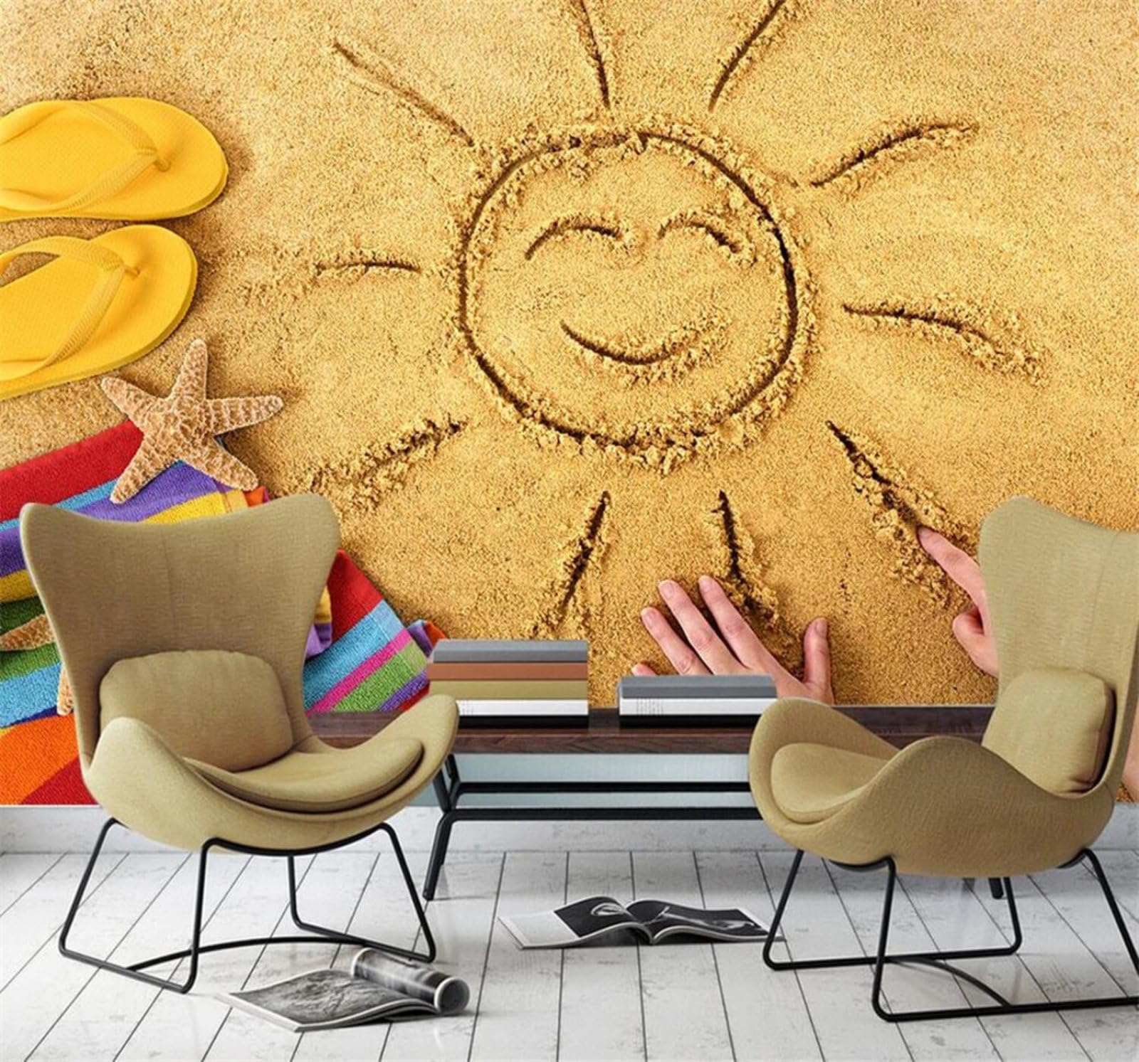 Wallpaper-3D-Xlm 200Cm×140Cm(B×H) Fresh Cute Beach Hand Drawn Sun 3D Wallpaper Easy Install Feature Office Living Room Sofa Bedroom Tv Background Wall Decoration-200Cm×140Cm