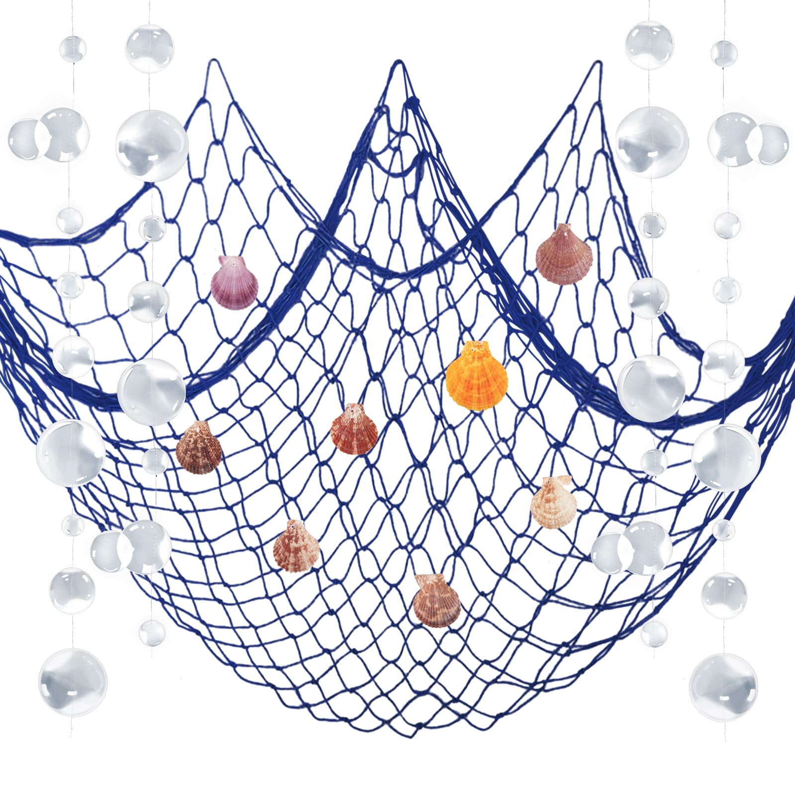 ZERODECO Nautical Decor, Natural Fish Net Party Decorations for Pirate Party, Wedding, Birthday Party, Beach Theme Party, Mermaid Decor, Cotton Fishnet with Shells, White Bubble Garlands, Navy Blue