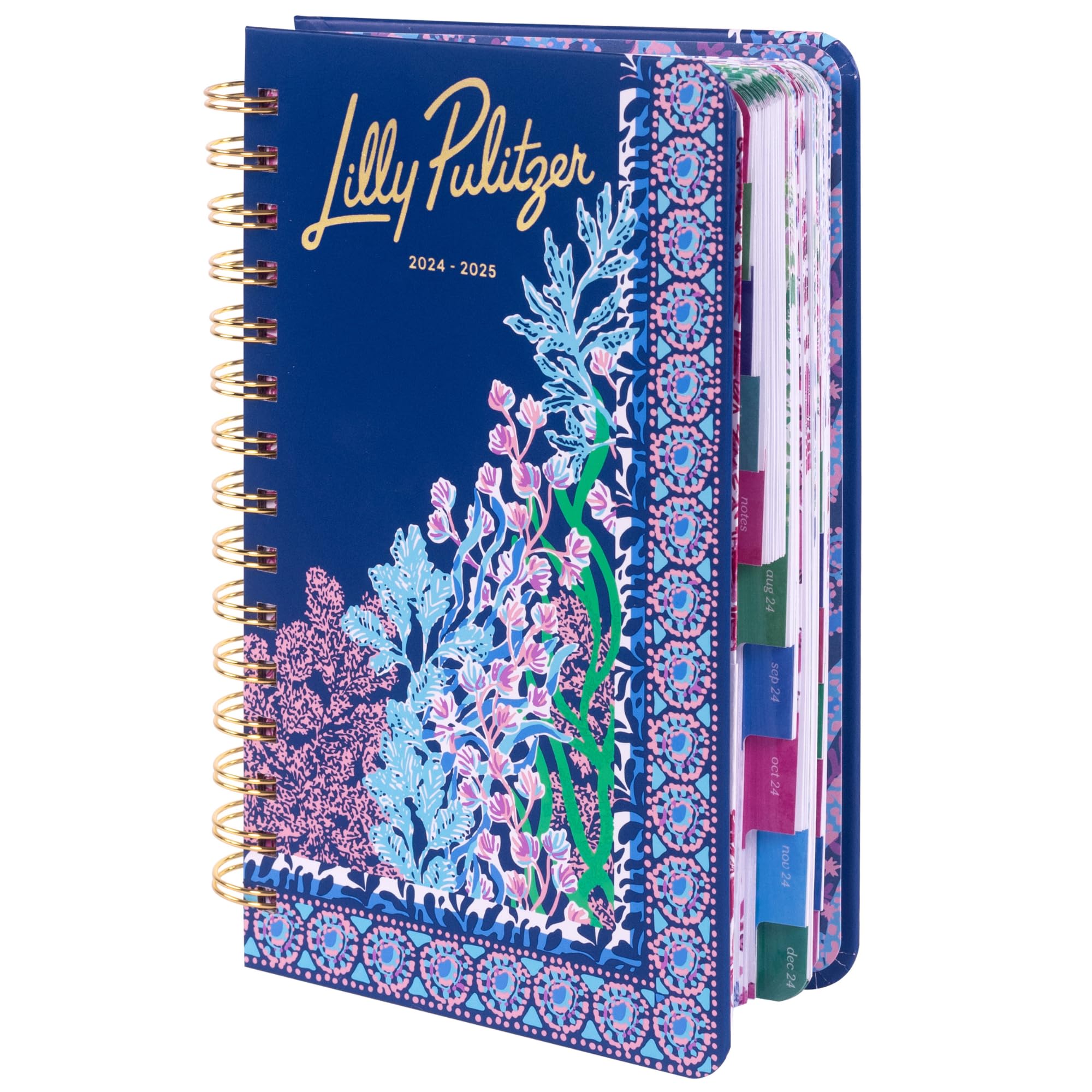 Lilly Pulitzer Średni planer sierpień 2024-grudzień 2025, kalendarz tygodniowy i miesięczny, naklejki, kieszenie, oprawa spiralna, inżynieria tajnej ucieczki