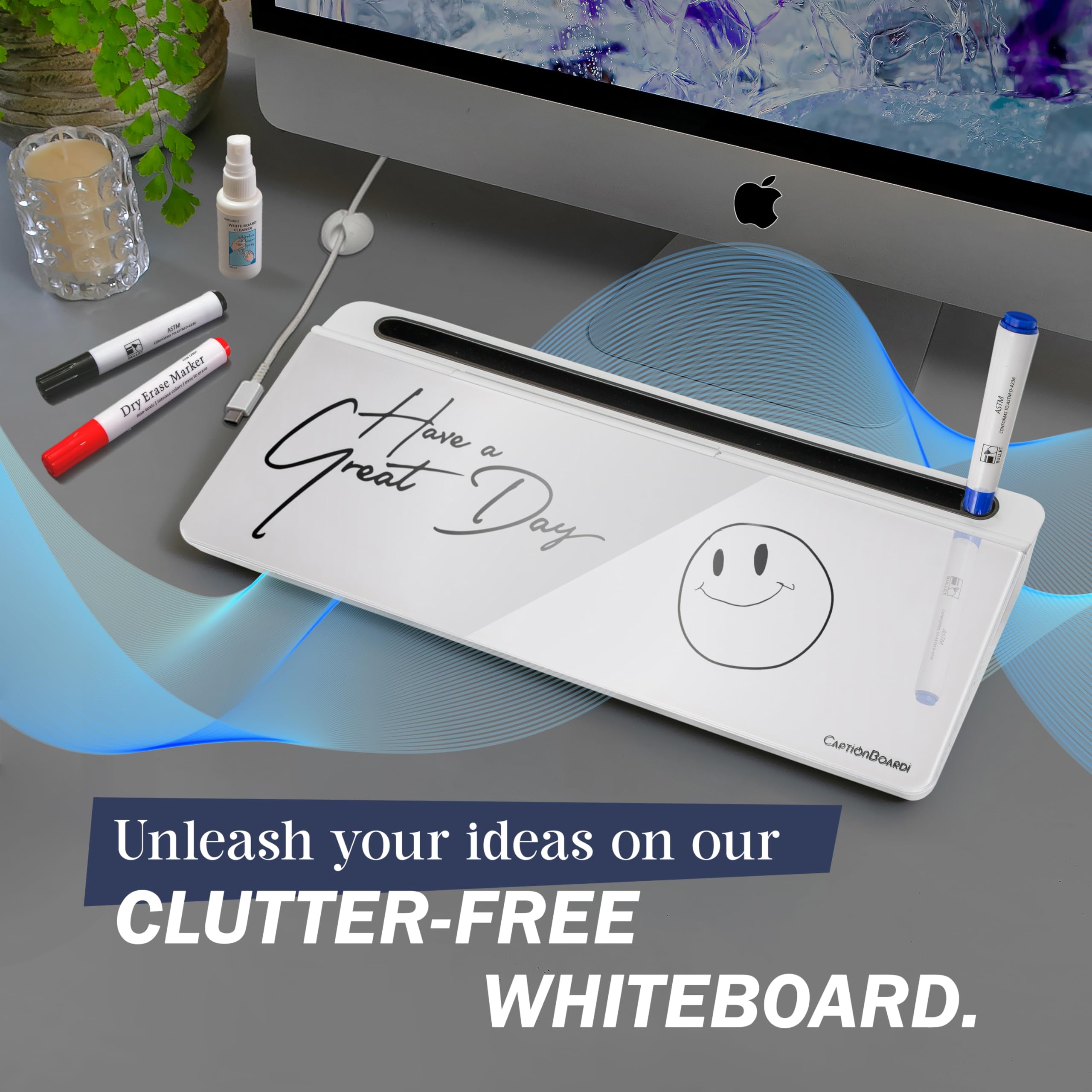 Captionboardi 15-Inch Desktop Whiteboard - Glass Dry Erase Board for Desk Whiteboard with Stand with 3 Markers, Spray Bottle, 3 Cable Holders & Storage Box Work from Home Office Gadgets, White 2
