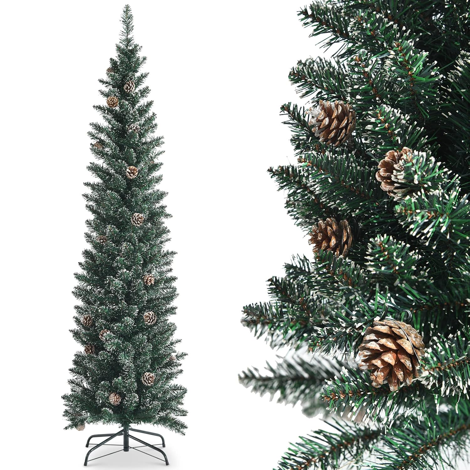 BestComfort 7FT Pencil Christmas Tree, Artificial Flocked Christmas Tree with 351 PVC Branch Tips, 41 Pine Cones & Metal Base, Full Holiday Decoration Tree, Festival Celebration...
