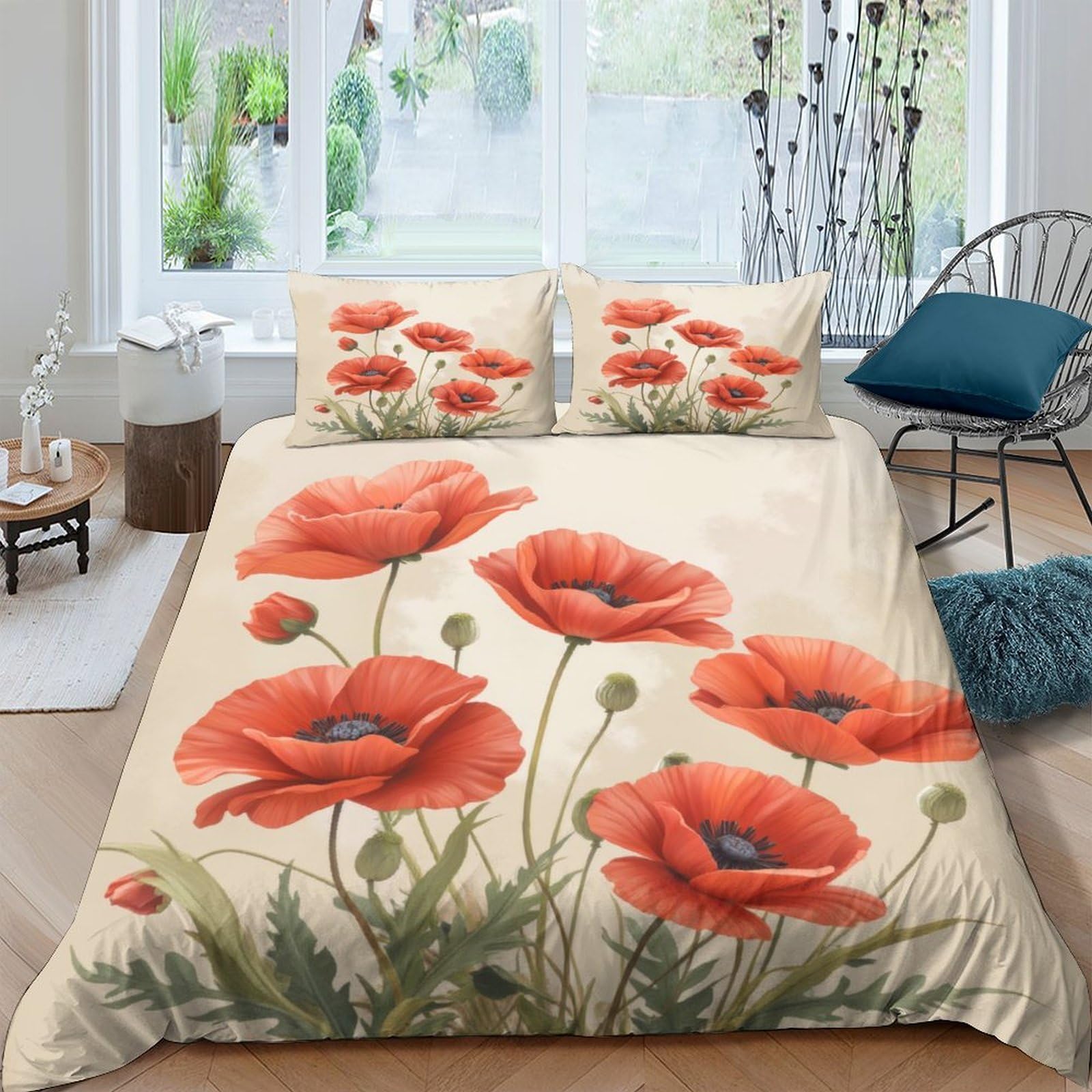 Ctjqhvkz Style-6 3D Printed Red Poppy Flowers Fitted Sheet Microfiber Soft Breathable Meadow Bed Cover For Bedroom Guest Room Decor Single（135X200cm）