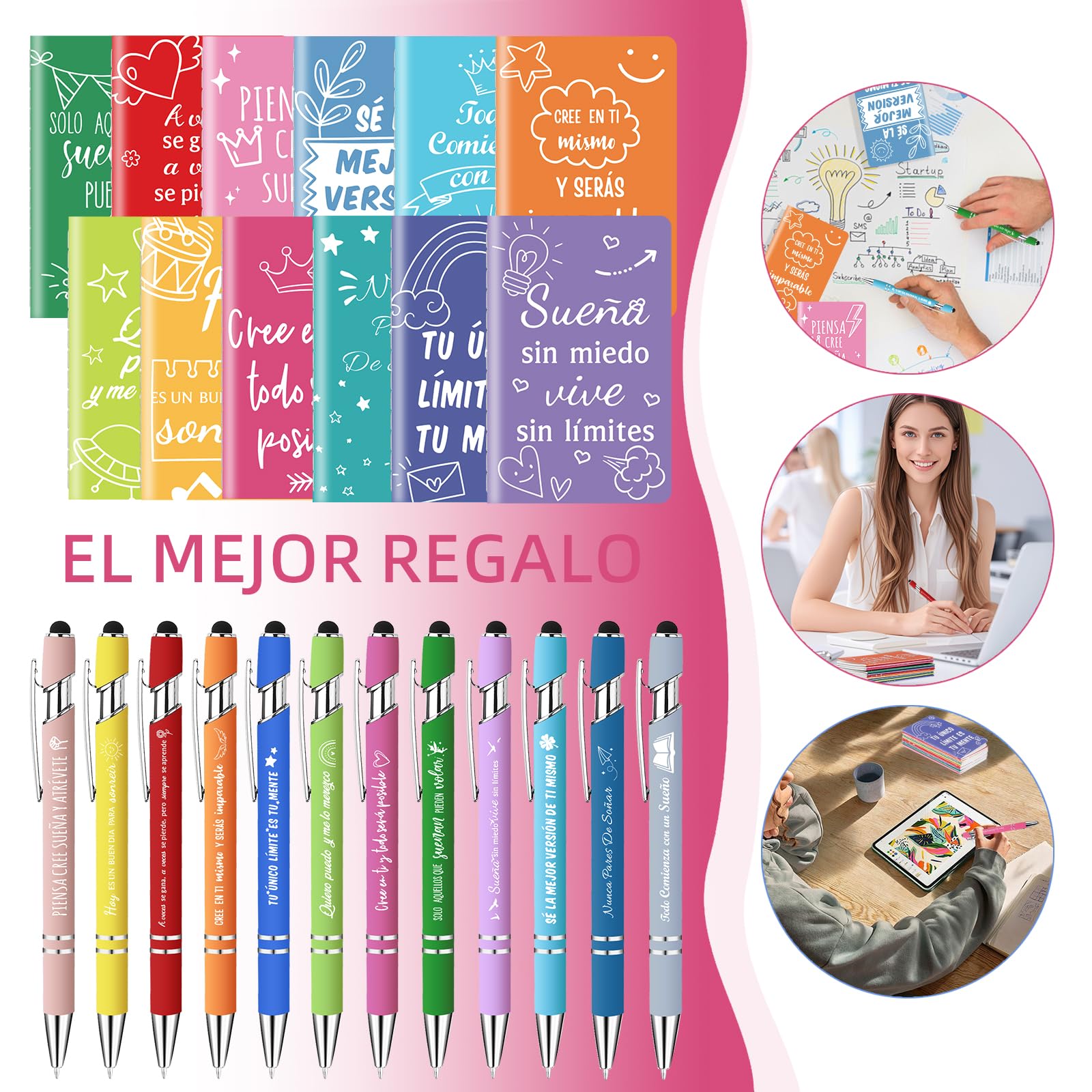 12 libretas en formato mini y 12 bolígrafos con frases motivadoras en español: el regalo ideal para estudiantes, profesores, colegios y oficinas.