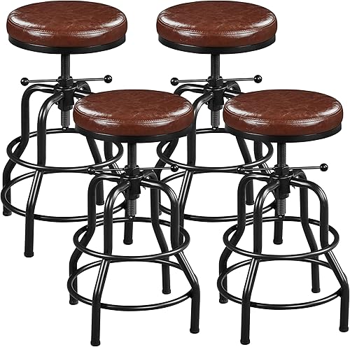 Miniatura 38 de Yaheetech Taburete de bar industrial, vintage, rústico, altura de mostrador, taburete de bar de metal, ajustable con asiento redondo de madera,