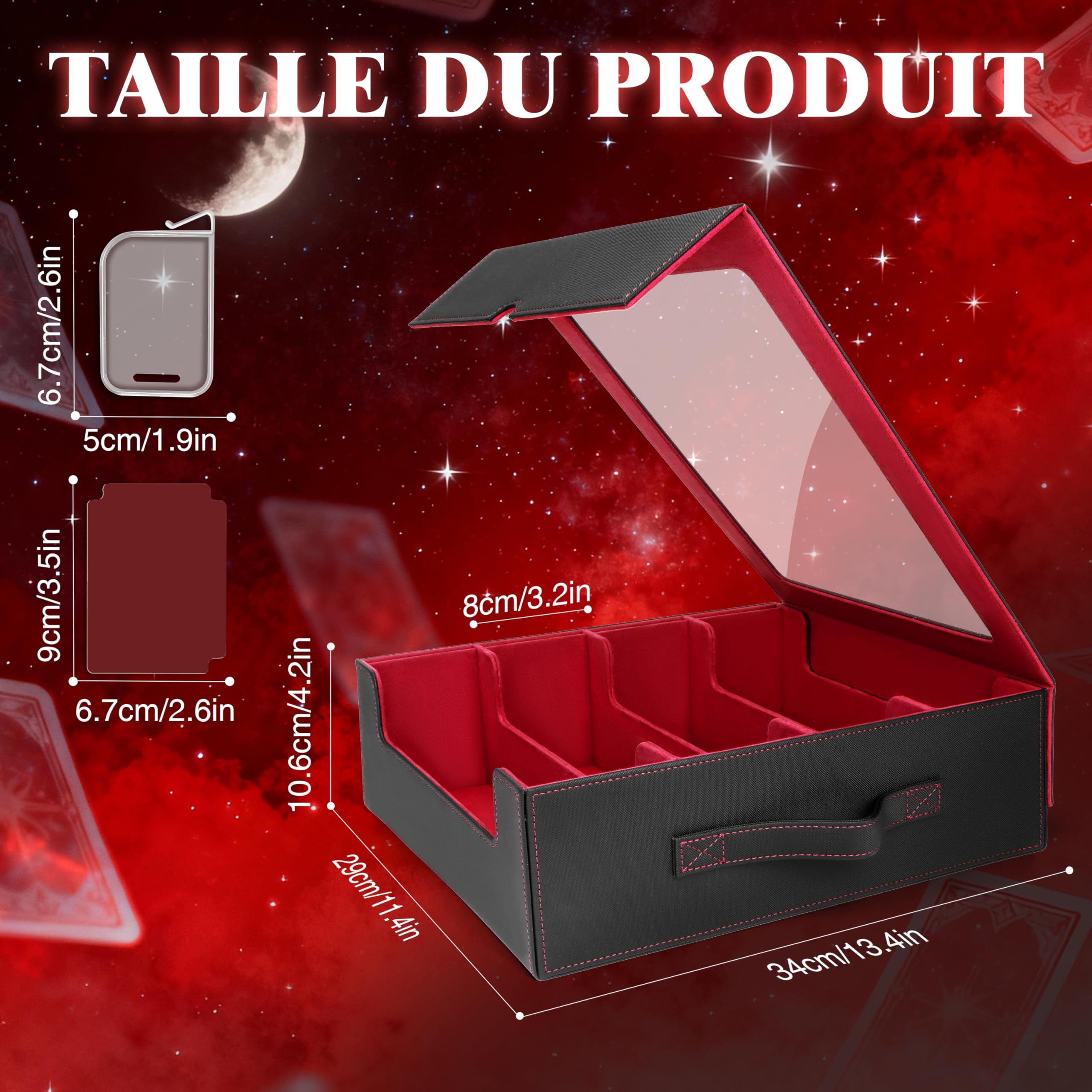 Charmofun Boîte Rangement Carte, Boîte à Cartes pour Plus de 2400+ Cartes Avec 10 Séparateurs, 4 Blocage et Plateau à Dés, Boîte à Rabat Magnétique Avec Cuir Pu et Poignée (Rouge, 2400+)