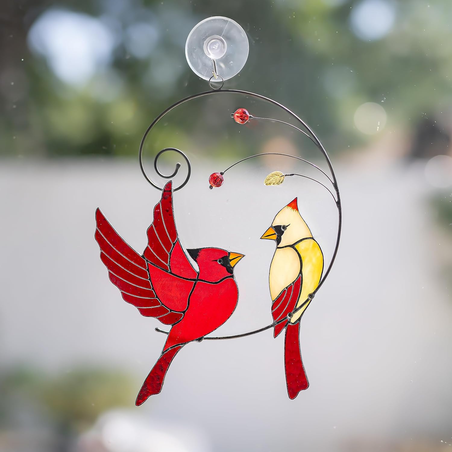 Red Cardinals Suncatcher – Cute Birdy Suncatcher for Window – Handcrafted Stained Glass Window Hanging – Lovely Glass Adornment for House – Original Art Gift