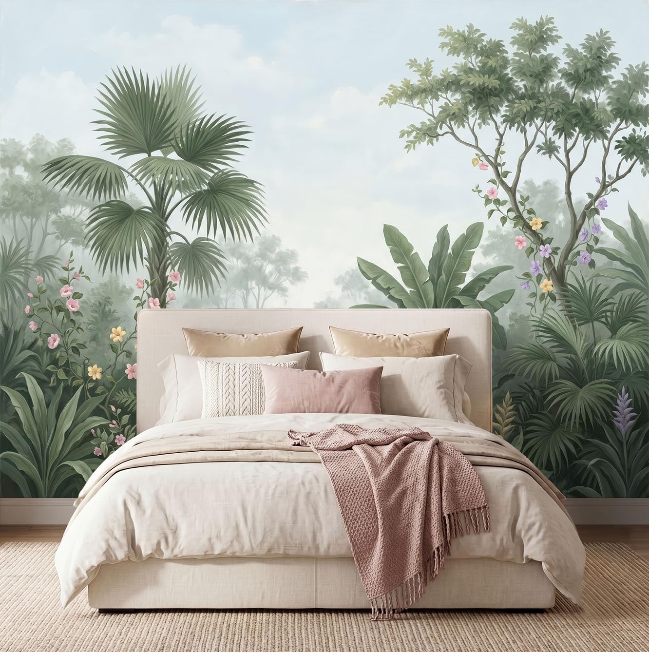 Natur Tropischer Stil Fototapete Vliestapete, 400 x 280 cm Tapete Panorama, Tropischer Dschungel Palmblätter Bananenblätter Ranken Tapeten Wanddeko für Wohnzimmer Flur, Dunkelgrün Nicht Selbstklebend