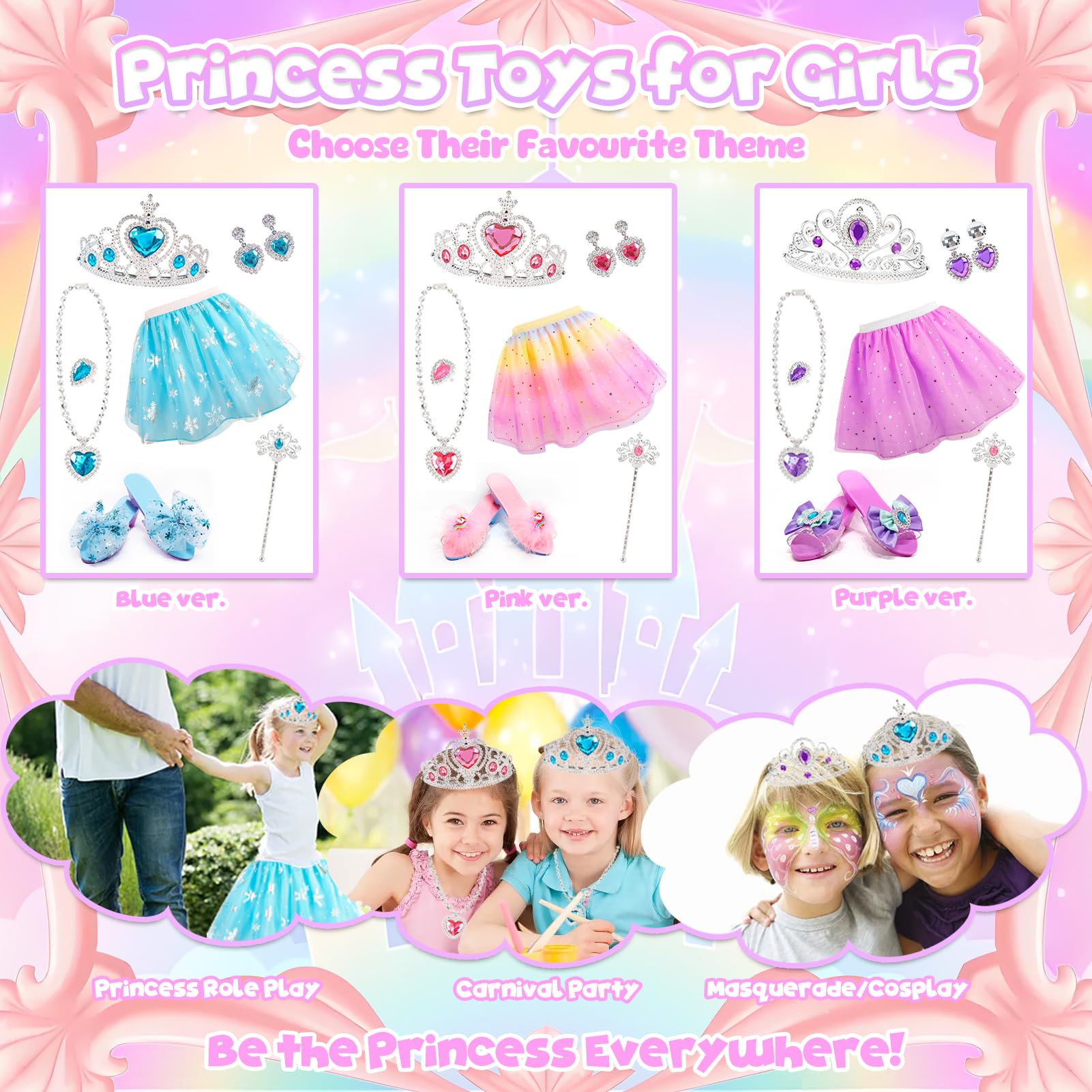 STAY GENT Chaussure Princesse Fille 3 Paires Chaussures 3 Couronne 3 Jupes Déguisement Jouet Princesse Accessoires Cadeau 2-6 Ans