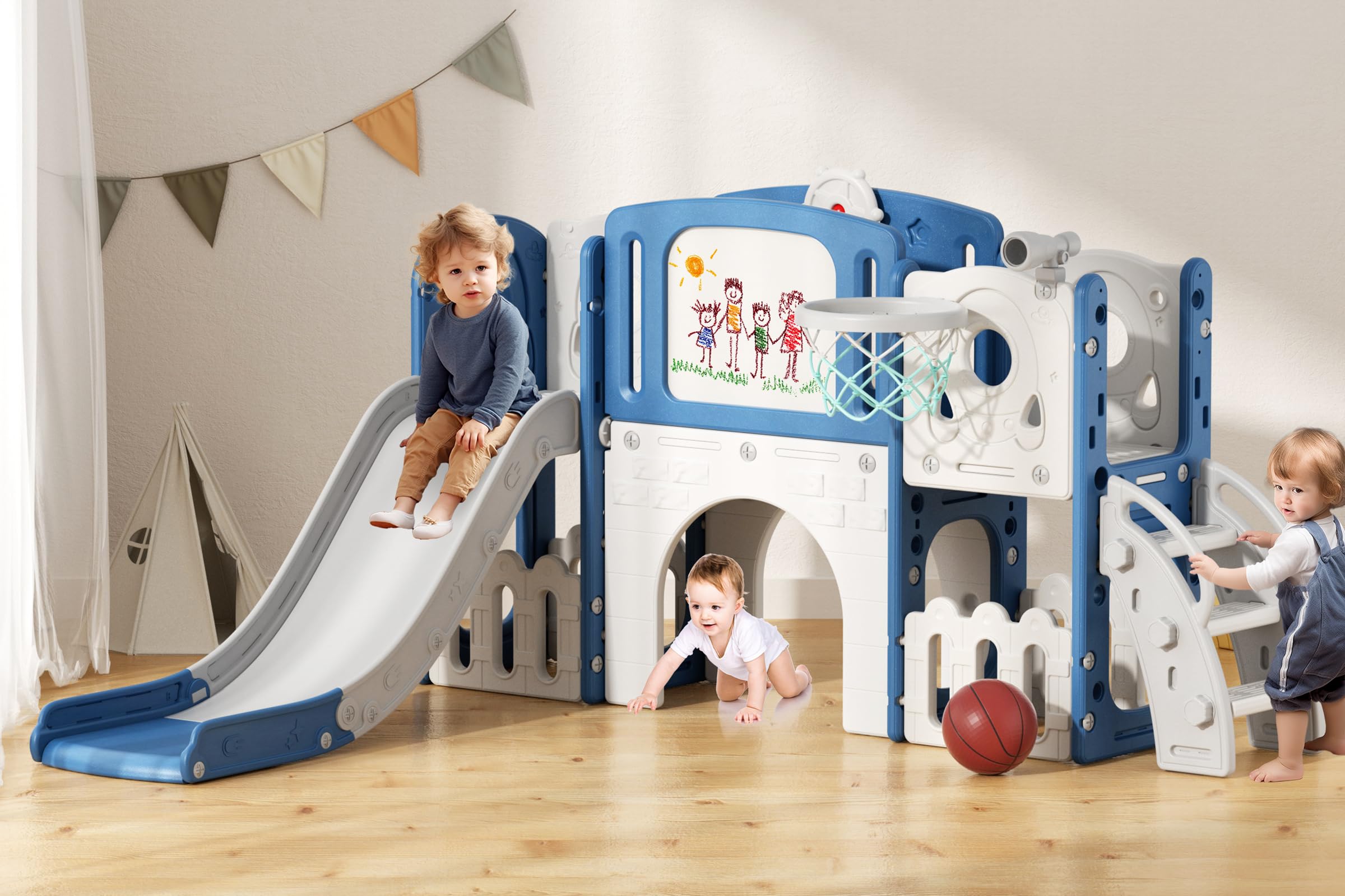 Glaf Toddler Slide Indoor Playground 9 in 1 Slides for Toddlers 1-3 Kids Baby Outdoor Playset with Climber Basketball Hoop Drawing Board and Storage Space (Blue)