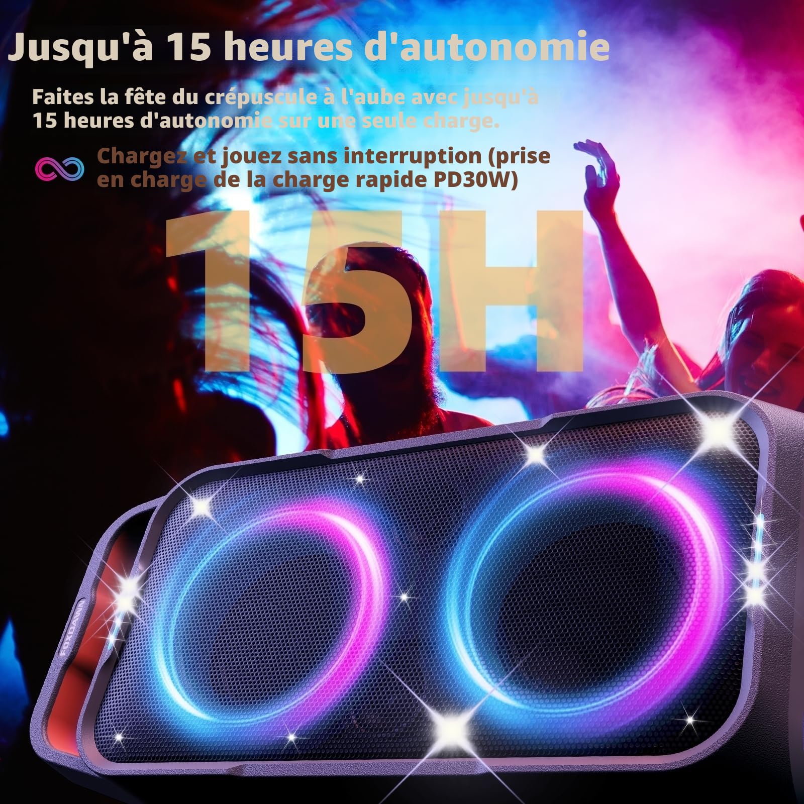 Foxdawn Enceinte Bluetooth Puissante Portable, 240W Peak Haut Parleur Bluetooth, Super Bass, 20H, avec Lumières LED, BT5.3, USB/TF/AUX/MIC & Guitare in, pour Party, Camping, Jardin