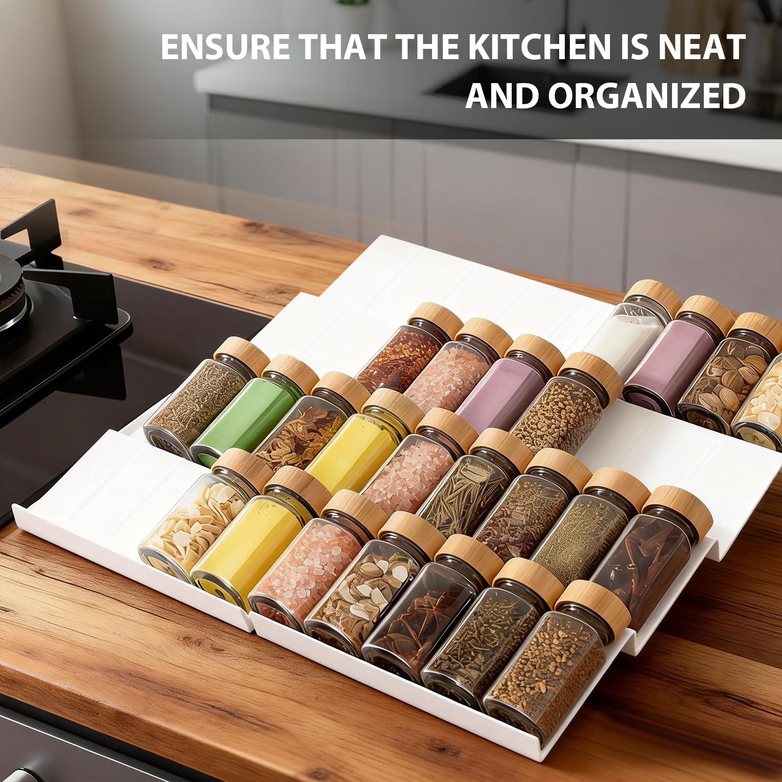 VINATO Organizador de Especias para Cajones Cocina, 8pcs Ajustable, Estante Extraíble para Especieros, Perfumes, Maquillaje, Blanco