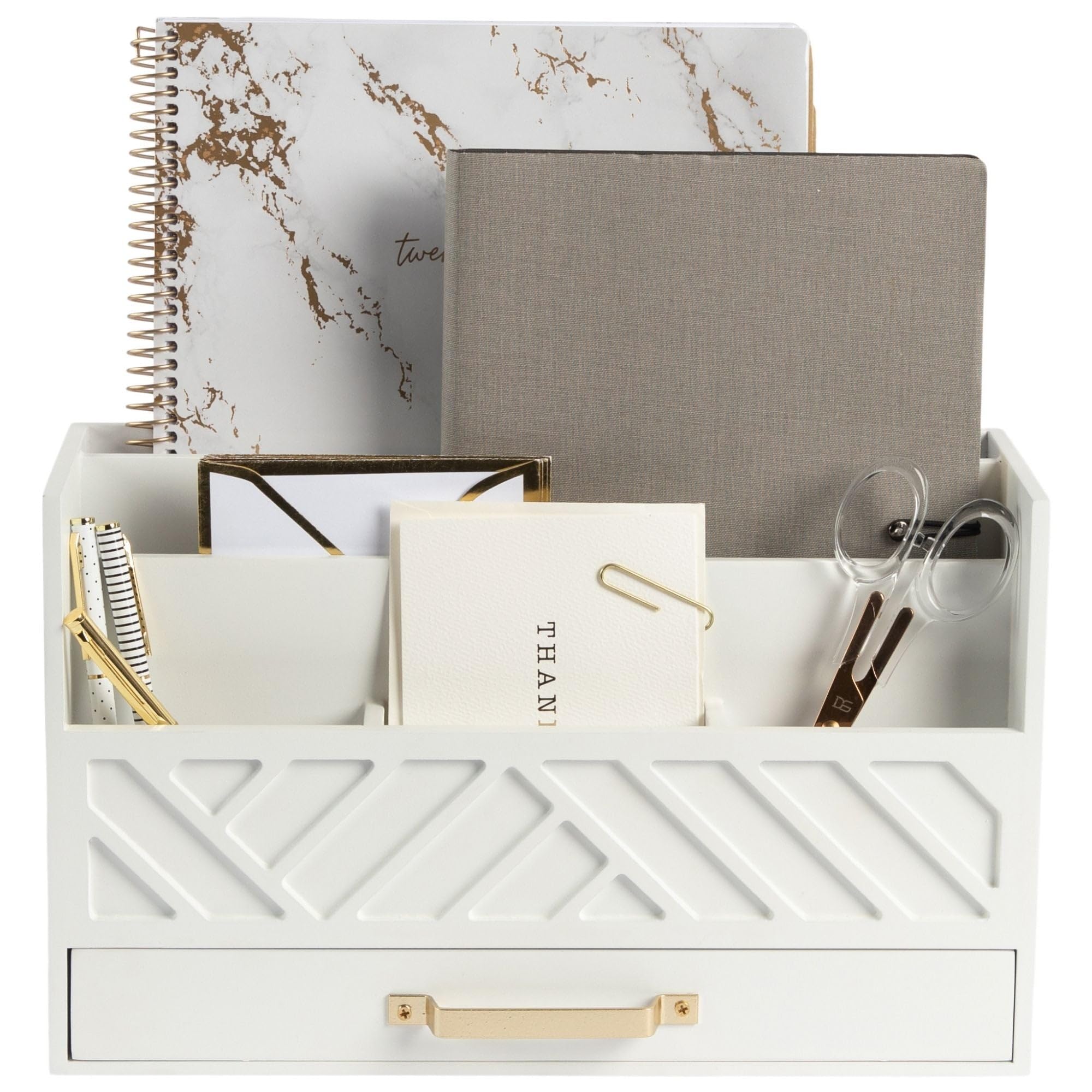BLU MONACO | White Wooden Mail Organizer with Drawer & Gold Handle | Mail Sorter Organizer Countertop | Tabletop Organizer with Drawers & Outgoing