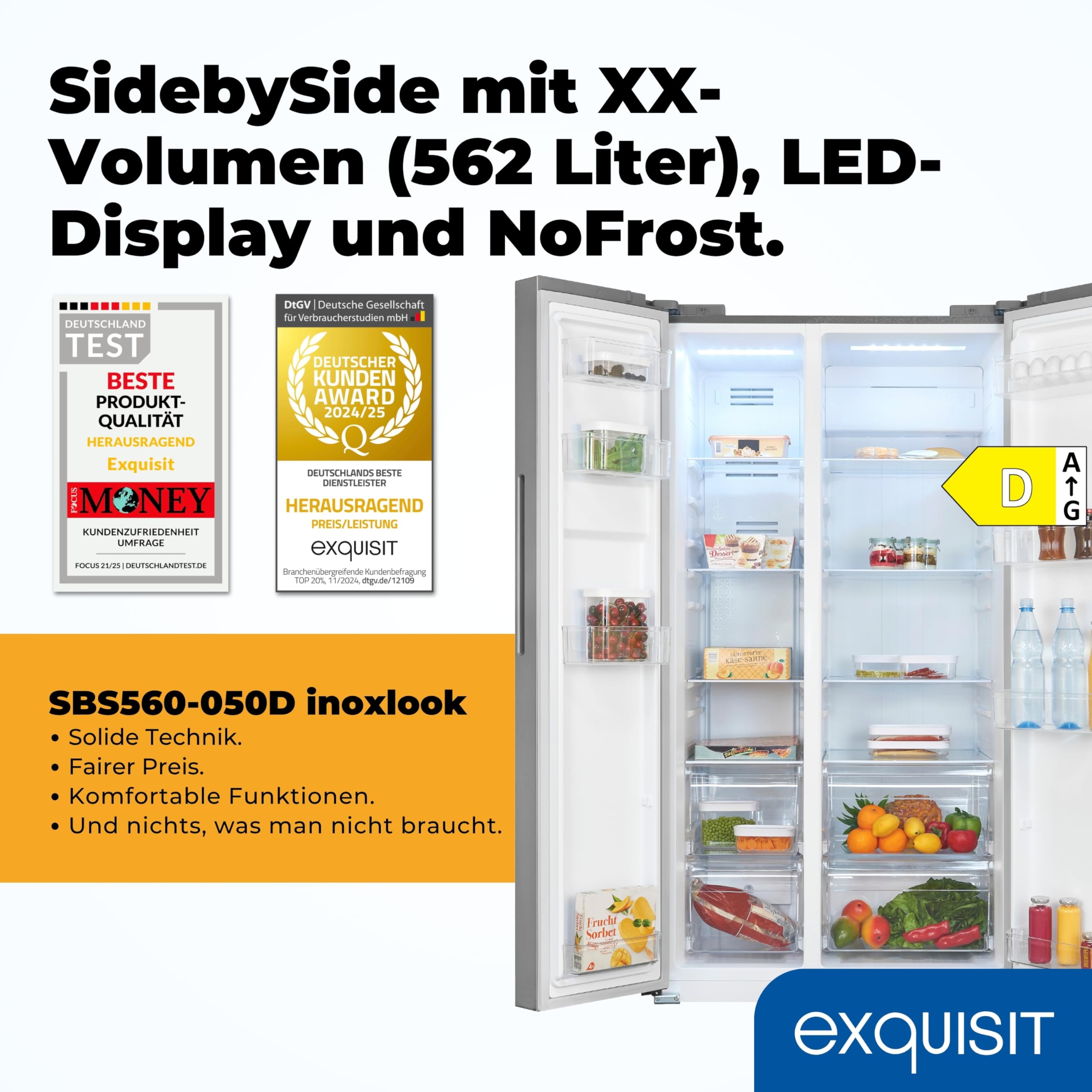 Exquisit Side by Side SBS560-050D inoxlook, volume 562 l, compressore inverter, frigorifero Side by Side by Side Frigorifero NoFrost, congelamento rapido
