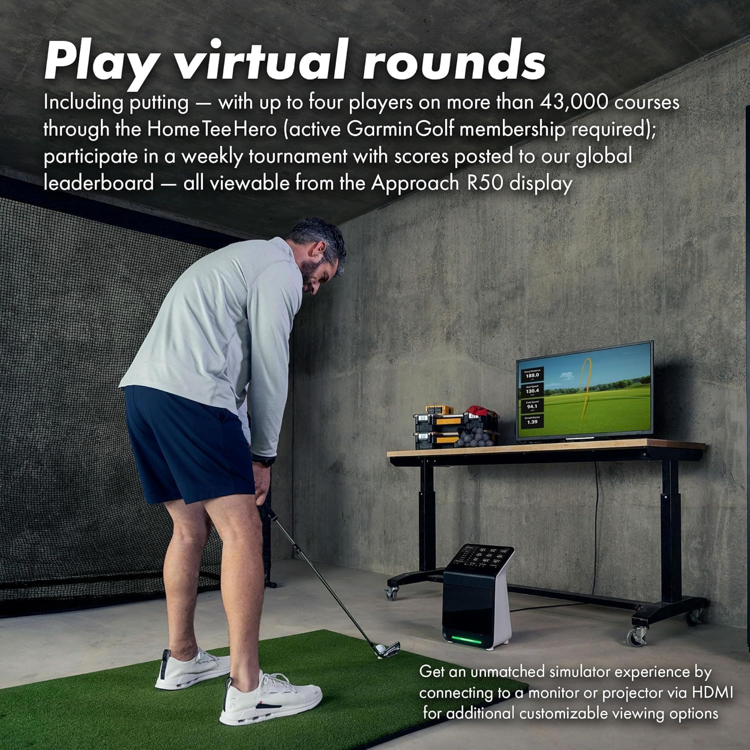 Garmin Approach R50 Premium Golf Launch Monitor & Simulator Bundle - Ball & Club Metrics, Built-in 10” Color Display with Case, Wireless HDMI Transmitter, 25FT 4K HDMI Cable & More