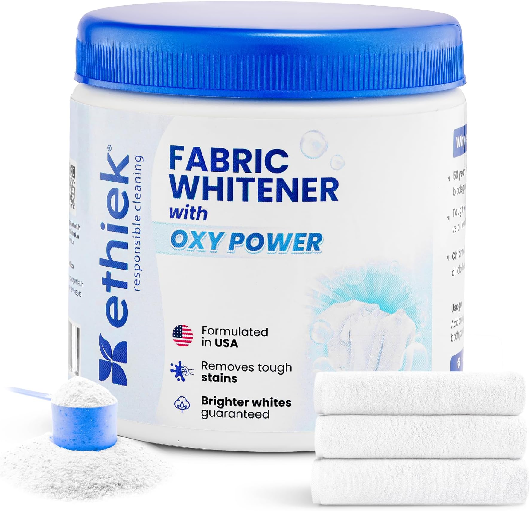 Ethiek Fabric Whitener for White Clothes – 100% Chlorine Bleach-Free Formula | Detergent Add-On for Brighter Whites, Stain Removal & Anti-Yellowness | 400 g