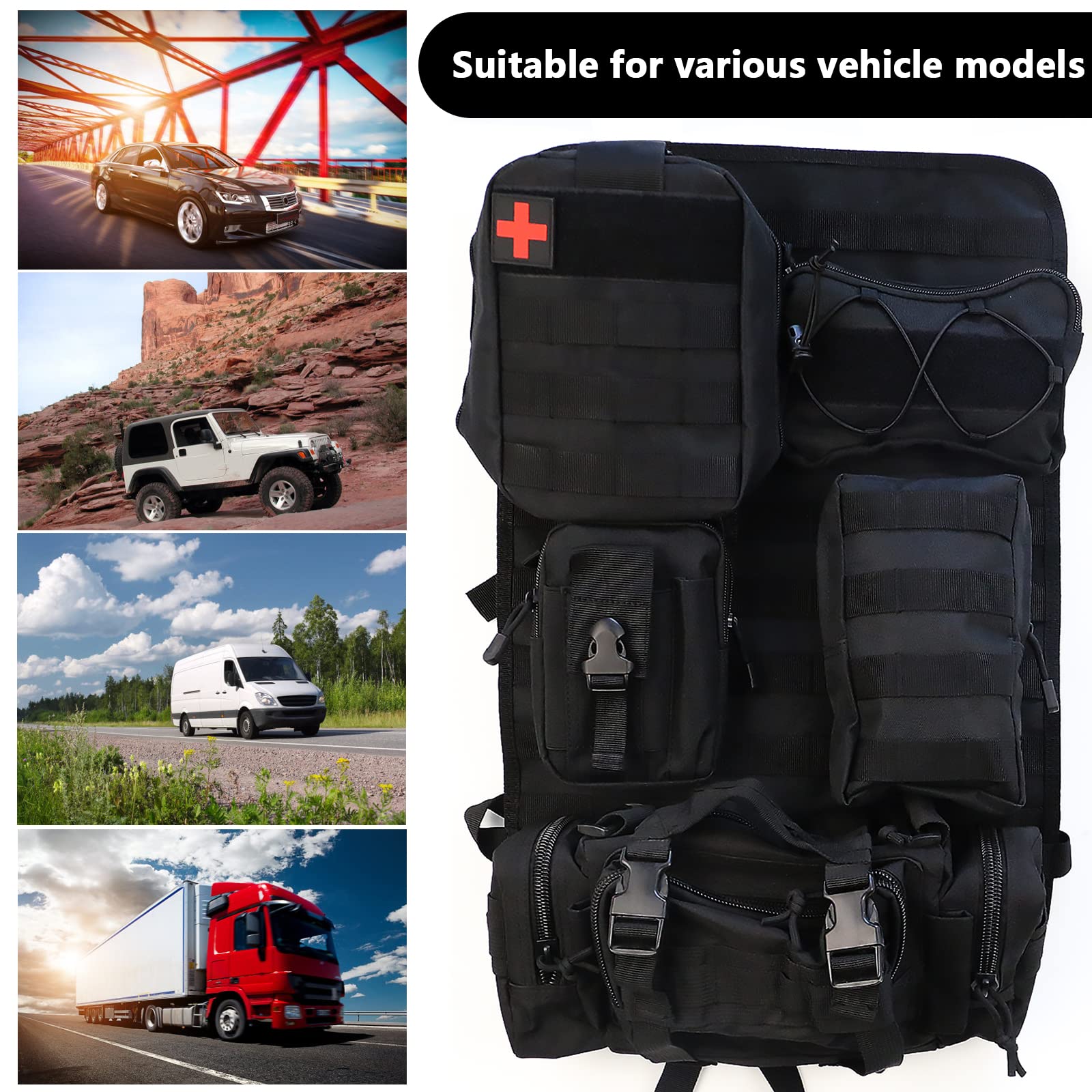 Organizer Sedile Auto, Organizer Tattico per Seggiolino Auto, Protezione per Schienale con 5 Tasche Rimovibili, Tasca Posteriore per SedileAuto per la Maggior Parte dei Veicoli