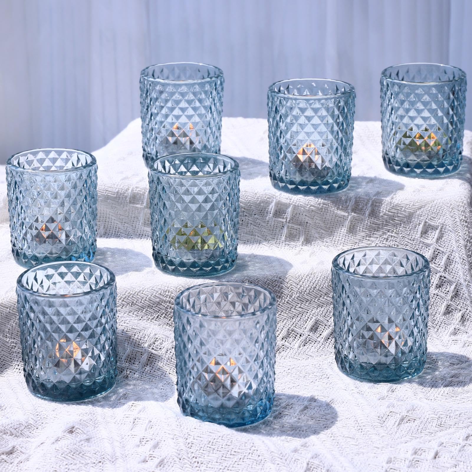 12pcs Tea Light Holders Glass for Wedding Table Centerpiece, Blue Tea Light Candle Holders for Birthday Party, Blue Tealight Holders Glass for Home Decor(5.5 W × 6.5 H cm)