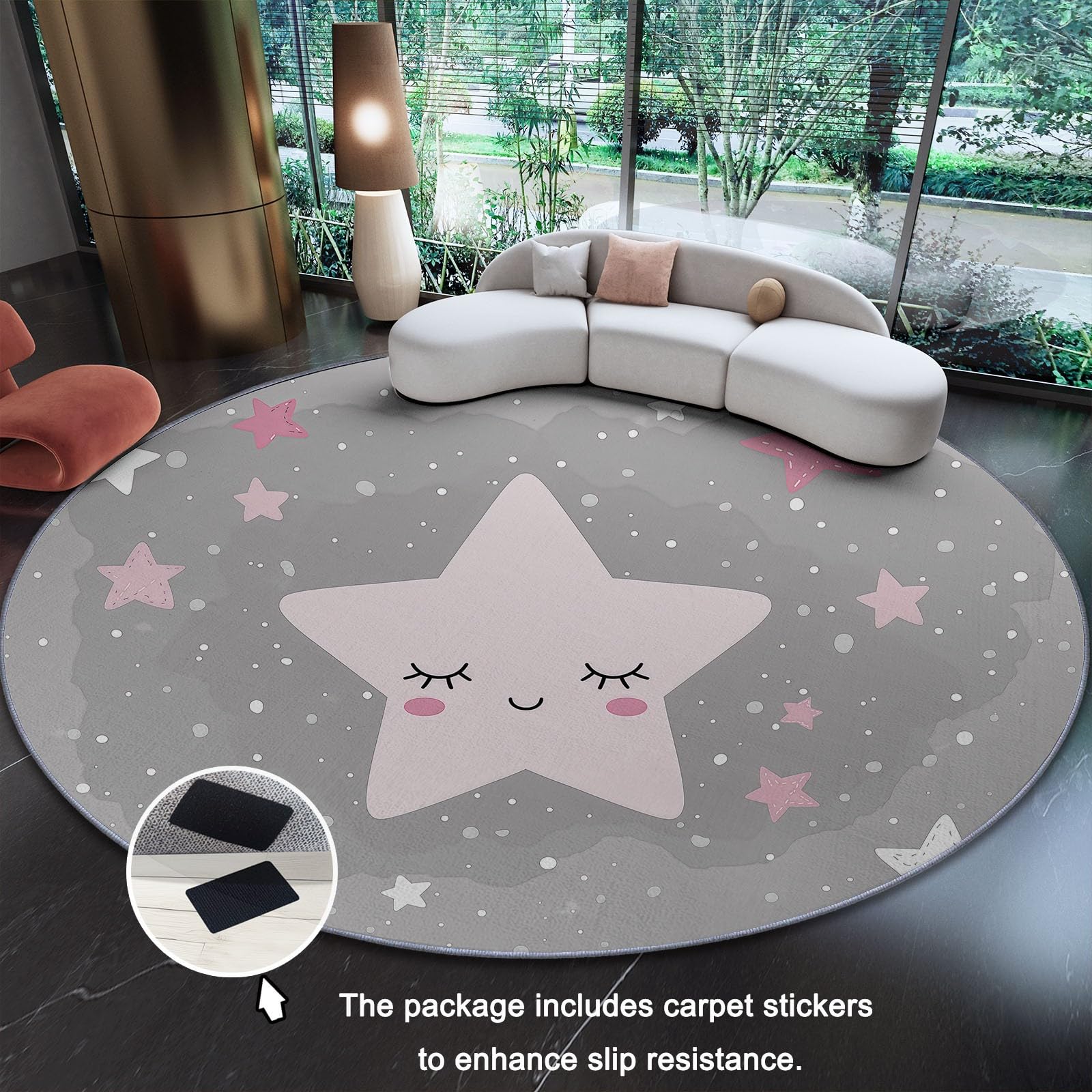 Generisch Teppich Wohnzimmer Rund 120 cm, Teppich Schlafzimmer Grau Rosa Kurzflor Wohnzimmerteppich Niedliche Cartoon-Sterne, Waschbar rutschfest Rund für Wohnzimmer Schlafzimmer Esszimmer