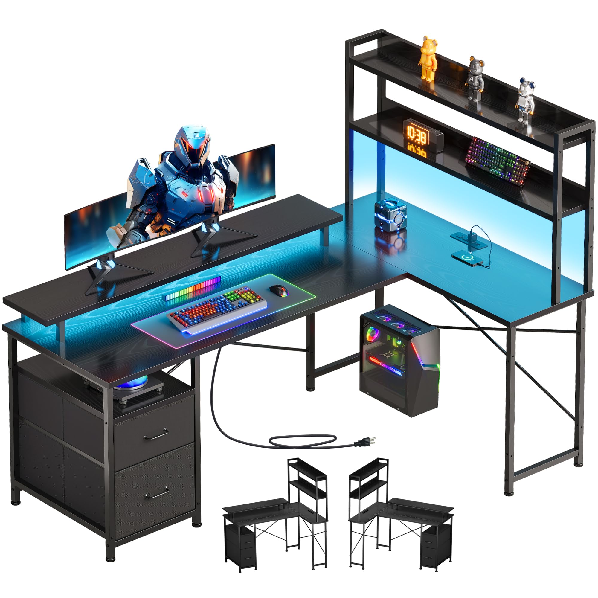 Escritorio para juegos en forma de L con estantes, escritorio reversible para juegos para computadora con luces LED y estación de carga, escritorio de esquina para oficina en casa con soporte