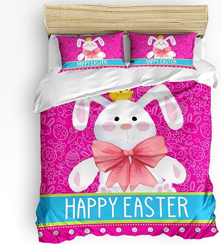 Juego de funda de edredón tamaño King de 3 piezas diseño de conejo de caricaturas morado suave con cierre de cremallera lazos en las esquinas 1