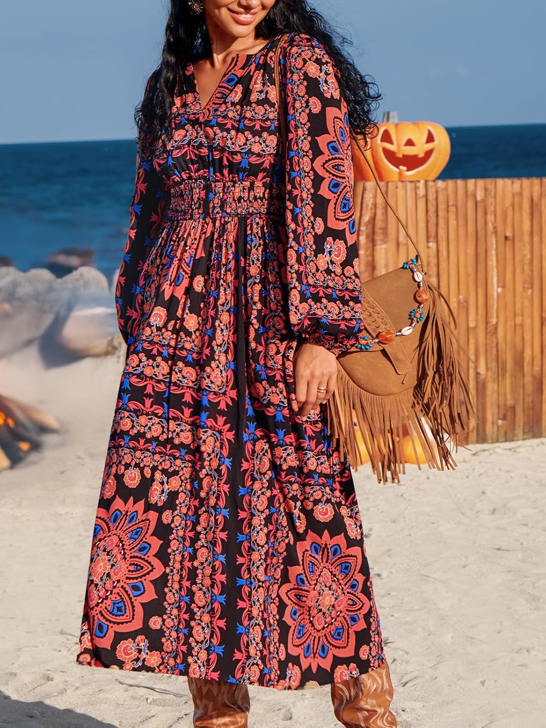 CUPSHE Women Fall Dresses Floral Long Sleeve V Neck Casual A Line Long Flowy Boho Smocked Maxi Dress - Image 3