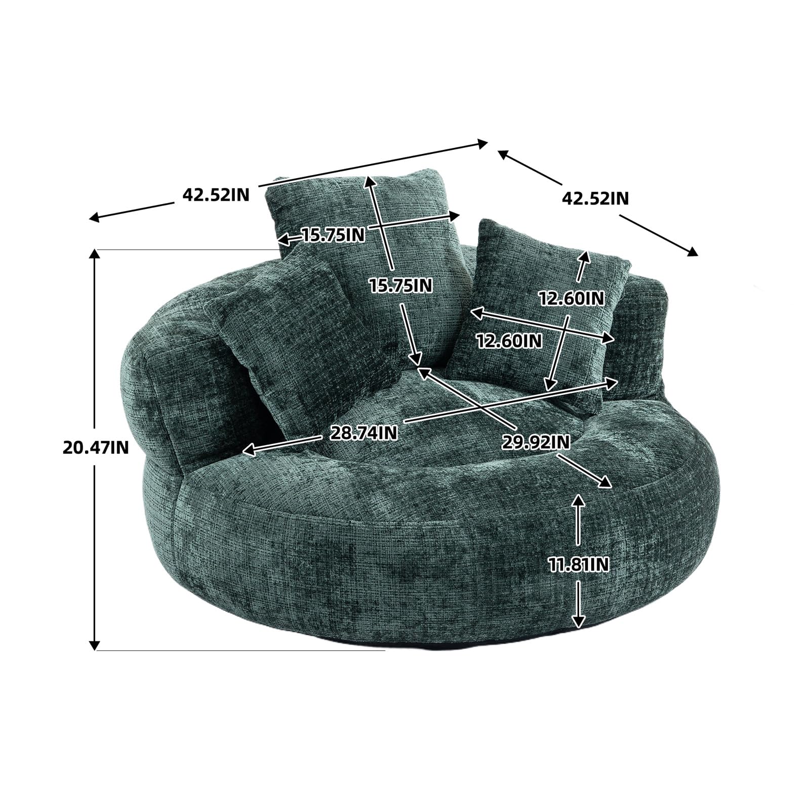 Bean Bag Chair, Lazy Sofa with High Back & 3 Pillows, Lounger Oversized Bean Bag Chairs for Adults & Kids, Plush Chenille Velvet Fluffy Couch for Bedroom, Living Room (Emerald)
