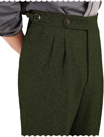 Mens Vintage Tweed Herringbone Pants Gurkha Naples Dress Pant Regular Fit Trousers Pleat-Front Suit Pants