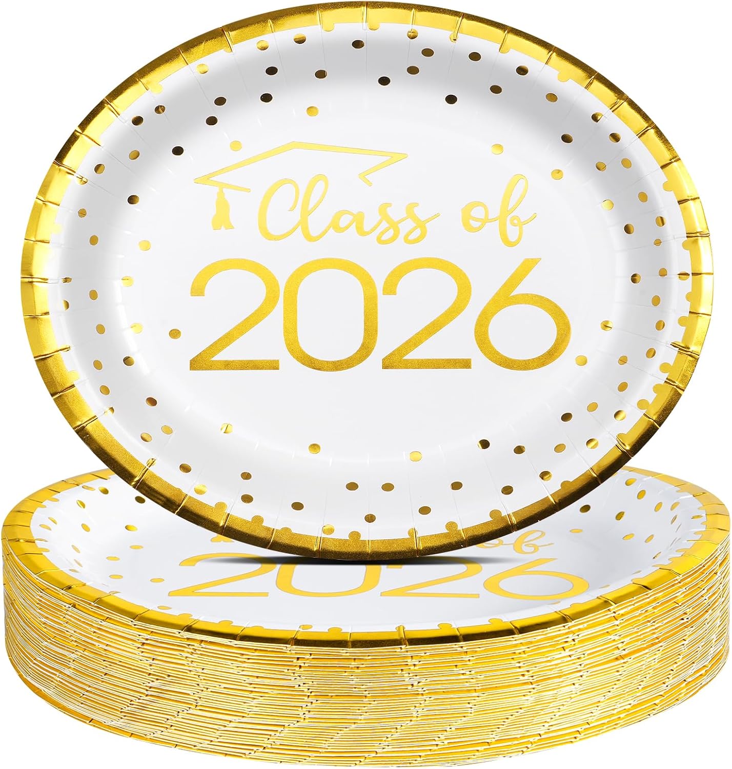 MASHAN 50 Pcs Class of 2026 Graduation Oval Paper Plates,11" x 9.5" Disposable Party Plates for 2026 College High School Graduate Party Supplies Decorations (White Gold)