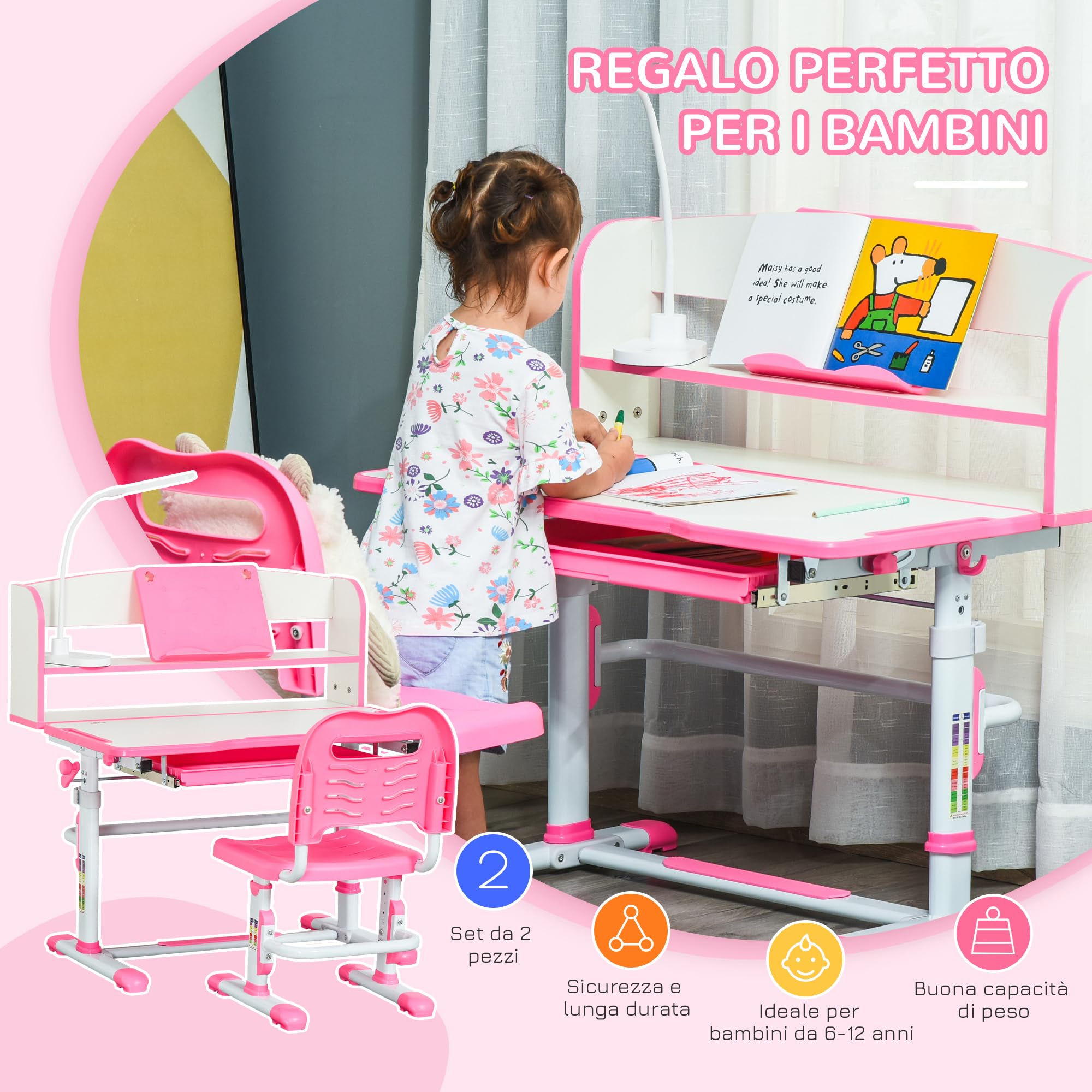 HOMCOM Set Scrivania e Sedia per Bambini 6-12 Anni Regolabili in Altezza, Banco Scuola con Piano Inclinabile 45°, Lampada, Cassetto, Scaffale, Portapenne e Leggio, in Acciaio e MDF, Rosa