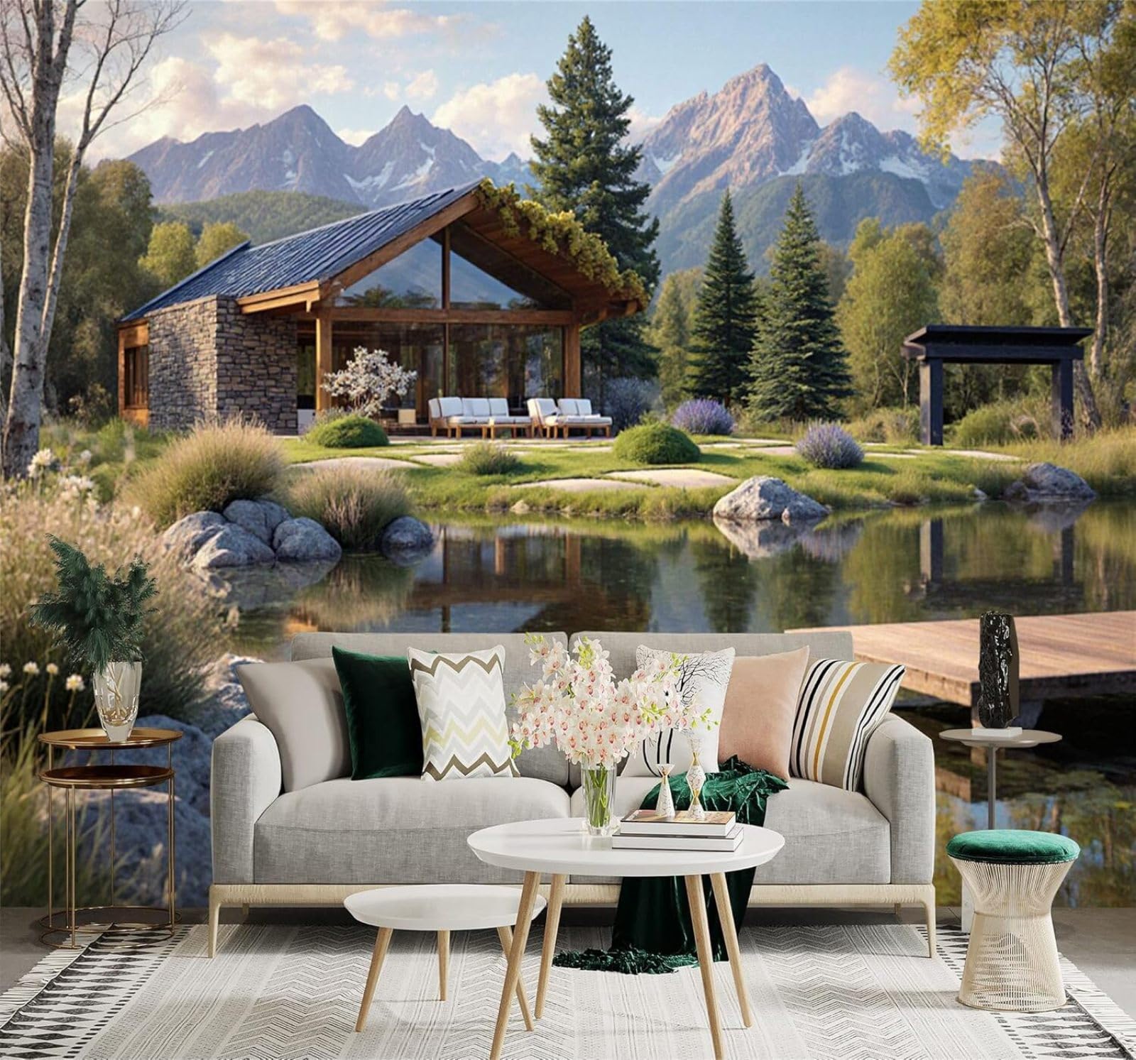 Xlming 250Cm×170Cm(B×H) Lakes Mountains Cottages Pine Trees Natural Scenery 3D Wallpaper Silky Texture Home Study Office Grey Dining Room Sofa Bedroom Living Room Tv Backdrop-250Cm×170Cm