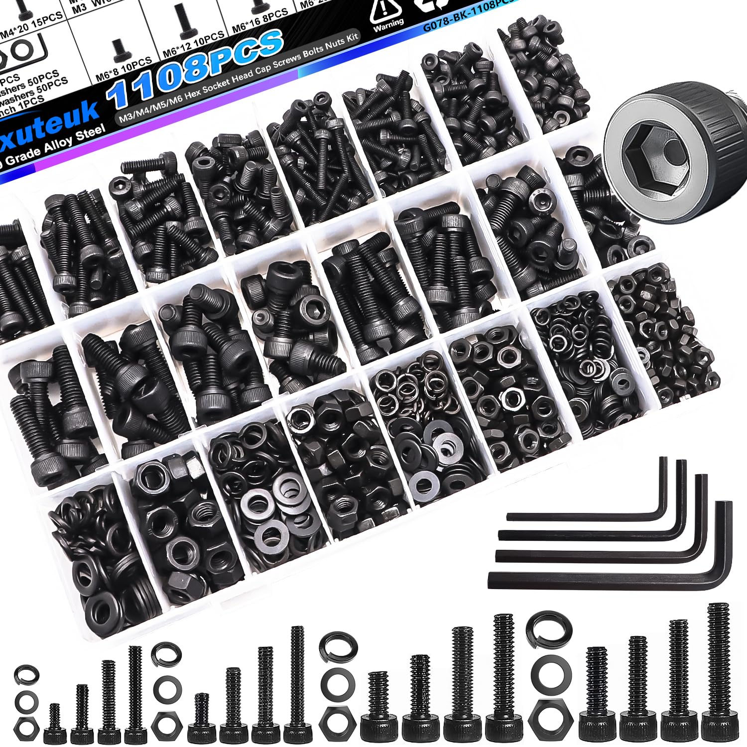 mxuteuk Metric Screw Assortment Kit,M3 M4 M5 M6 Machine Screws with Lock & Flat Washers,12.9 Carbon Steel Hex Socket Head Cap Screws Bolts Nuts Kit
