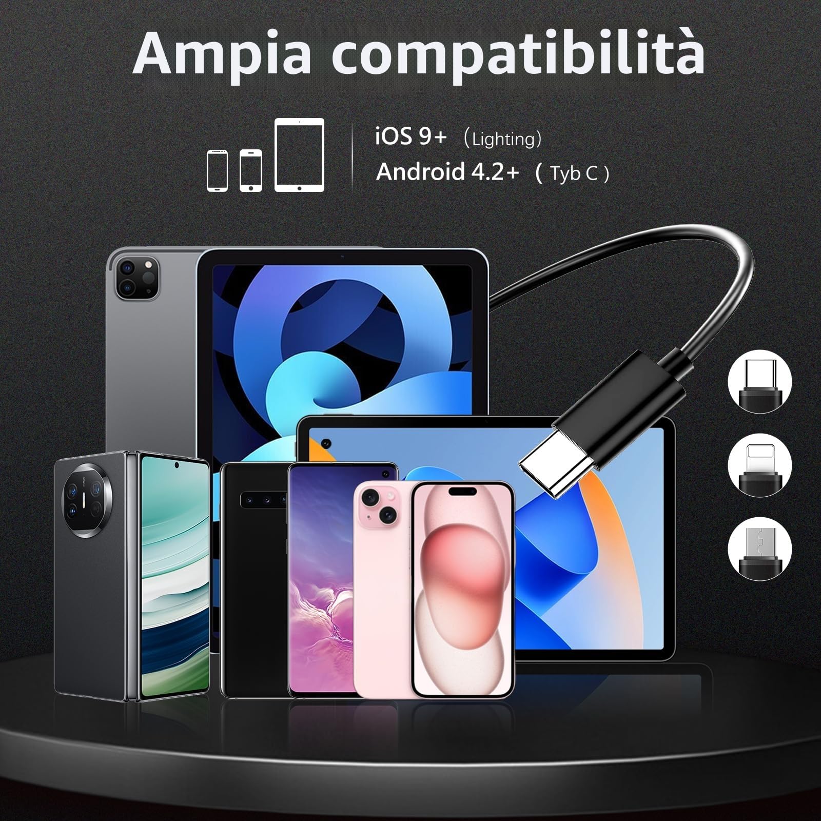 Endoscopio per Smartphone con Luce - Telecamera Endoscopica 8mm 1920 HD, 6 LED, Cavo 5m IP67 - Sonda con Telecamera per Ispezione Tubi, Compatibile Android & iOS, per Auto, Casa, Tubature