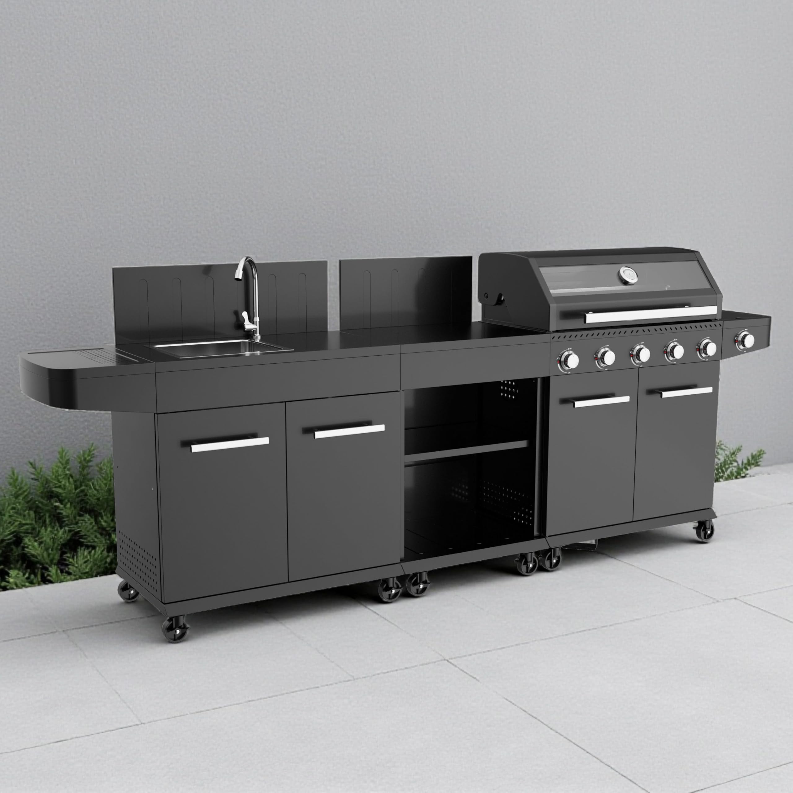 Milani Home - modulo cucina outdoor con lavello, metallo, lavello cucina outdoor, nero, 82 x 46.5 x 109.5 cm