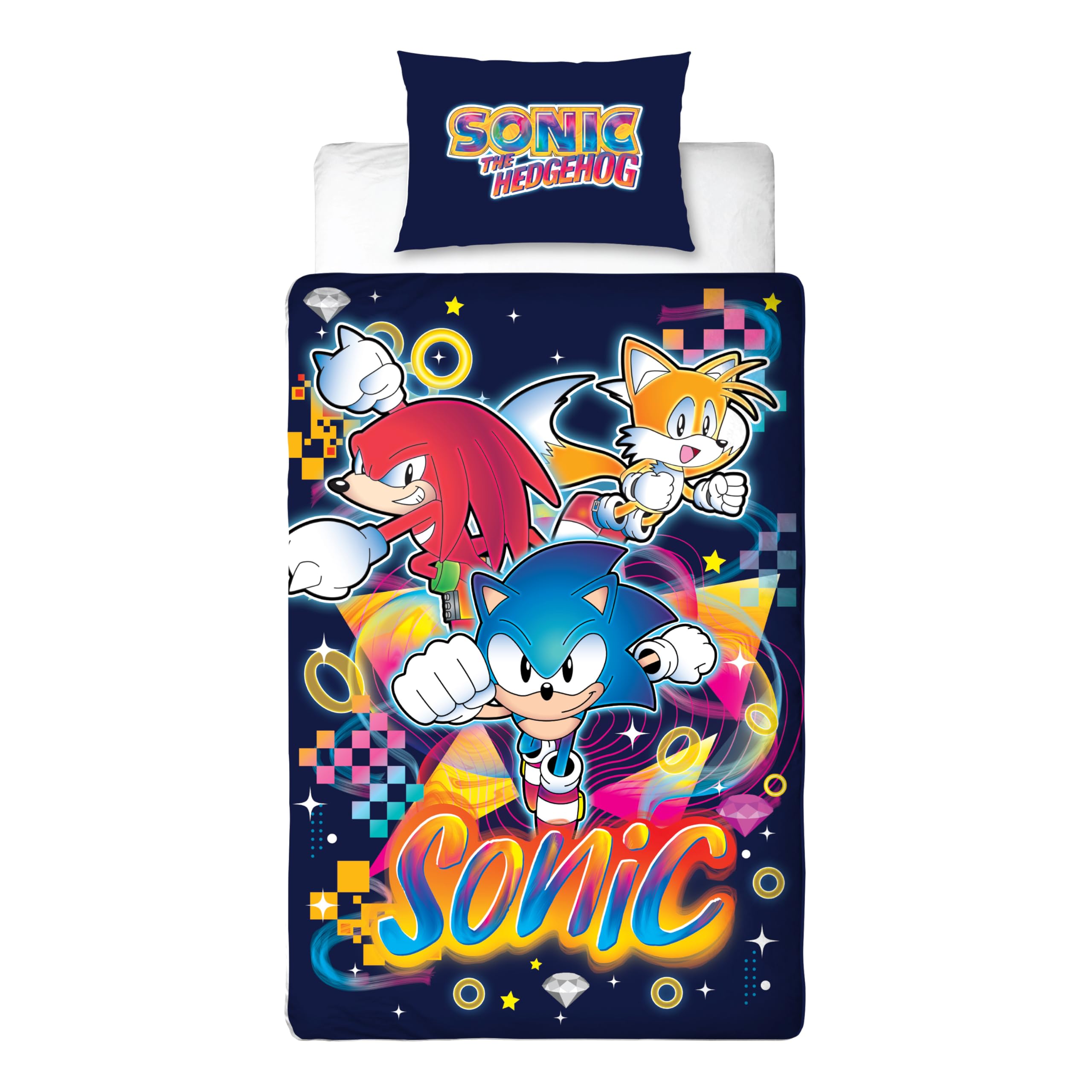 Set copripiumino singolo con licenza ufficiale Sonic the Hedgehog, double-face, double-face, con code e nocche, con federa coordinata, perfetto per la camera dei bambini