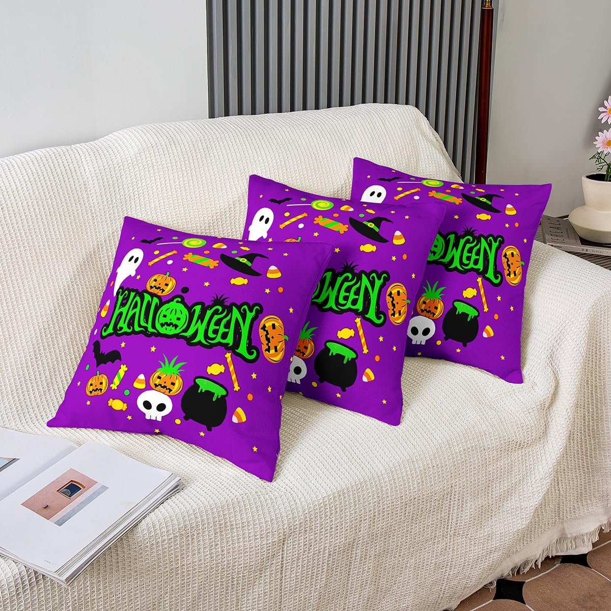 Set Di 4 Federe Per Cuscini Halloween 45x45 Cm - Motivi Fantasmi E Teschi, Dolcetto O Scherzetto, Arancione E Nero, Decorazioni Casa In Poliestere