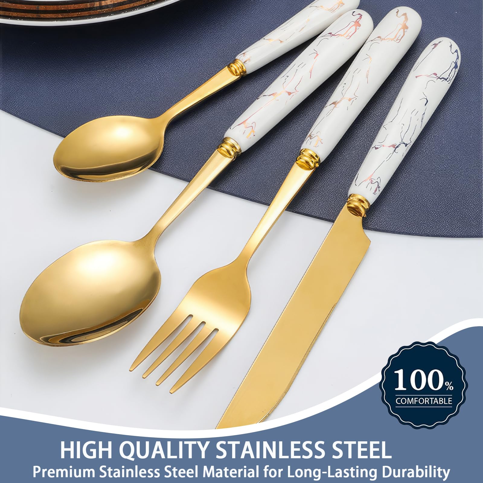 Caliamary 24-Piece Flatware Set For 6 - Gold Stainless Steel Cutlery With Pink Ceramic Handle & Holder - View #9