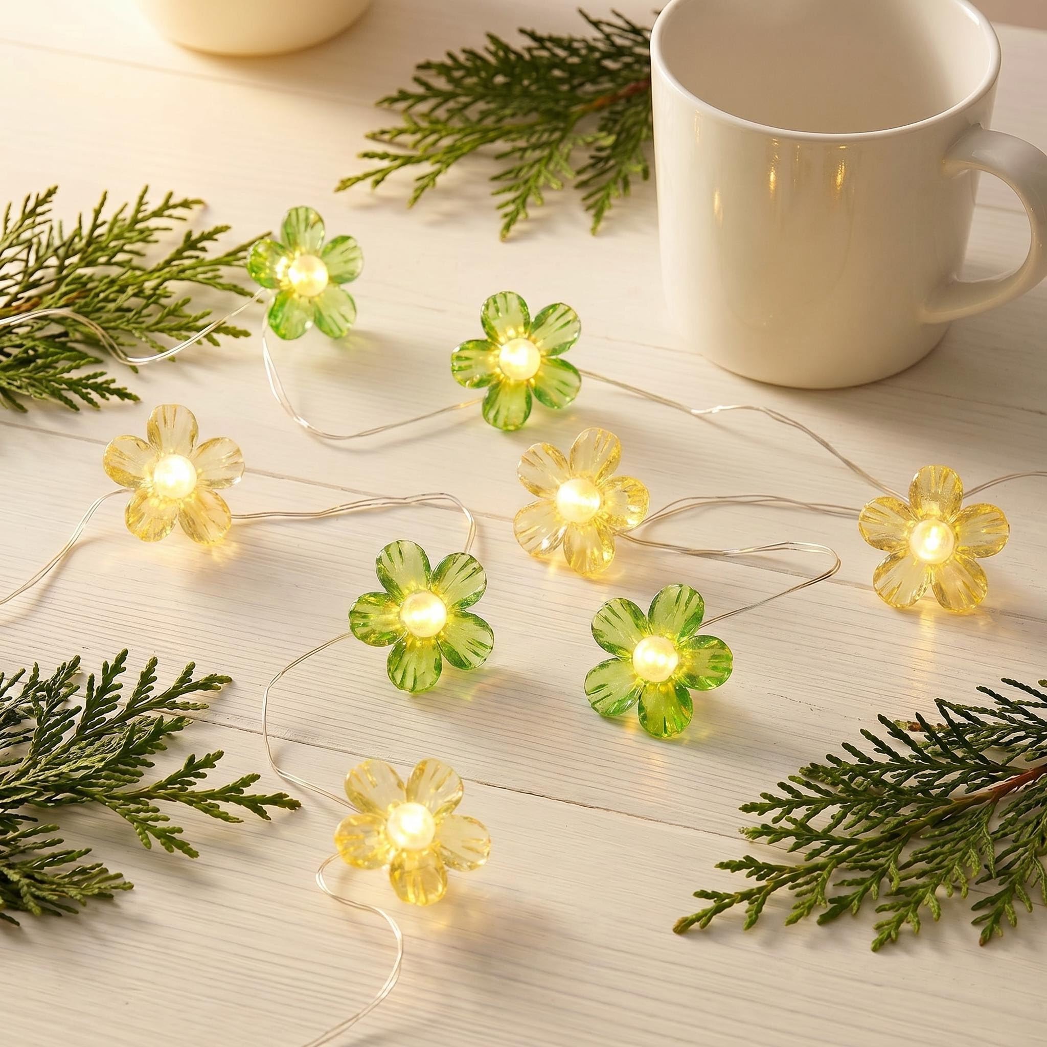 HHMTAKA LED Pearl Flower String Fairy Lights 20 Micro Warm White 2M Blossom Garland Light for Indoor Outdoor Lighting,Bedroom,Wedding,Party,Christmas,Spring Decoration (Yellow+Green)