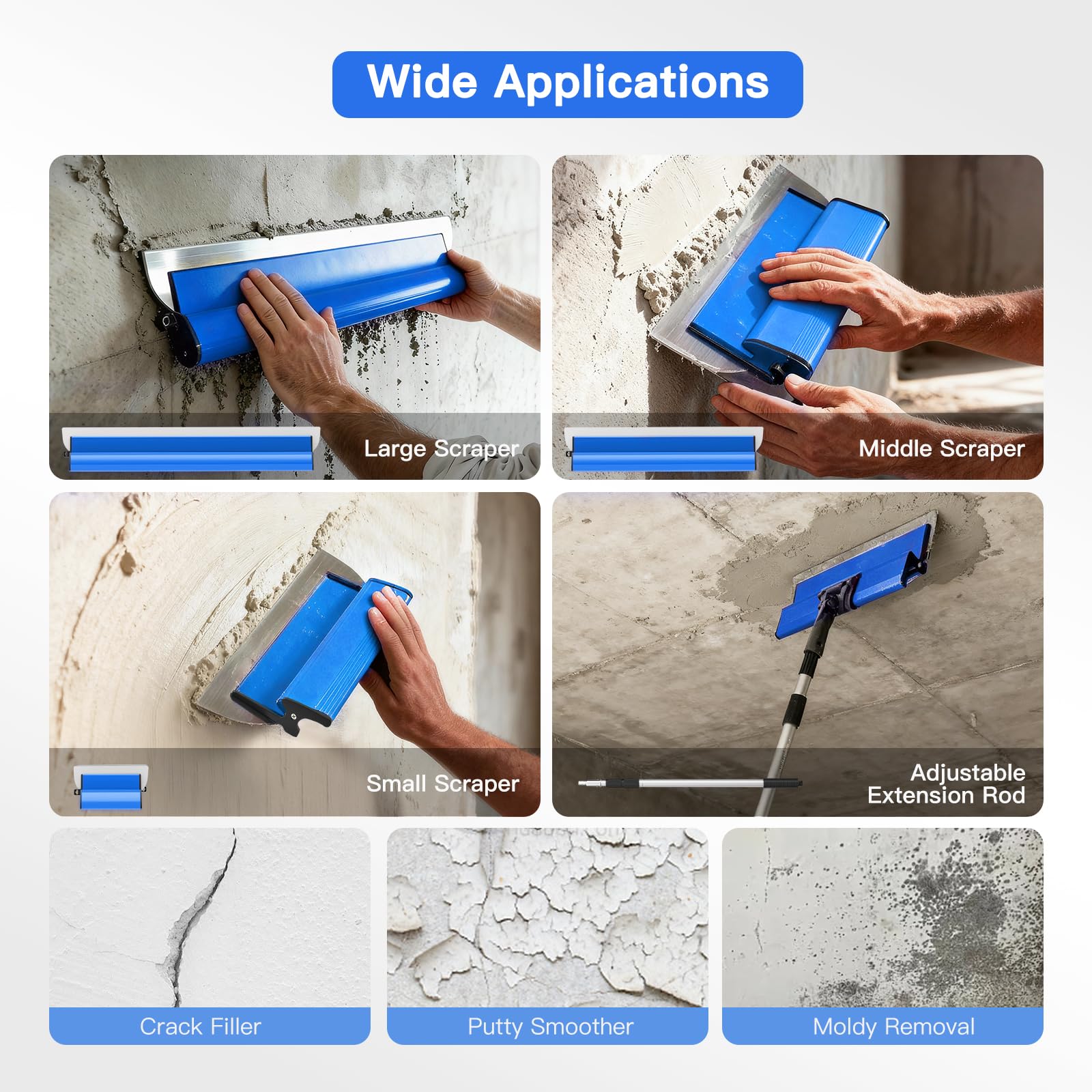 Kit de spatules de surface (250/400/600 mm) et tige télescopique de 0,97 m à 1,82 m avec adaptateur, kit de spatule de lissage multifonction pour grand espace de travail, décoration murale (Bleu) - 5