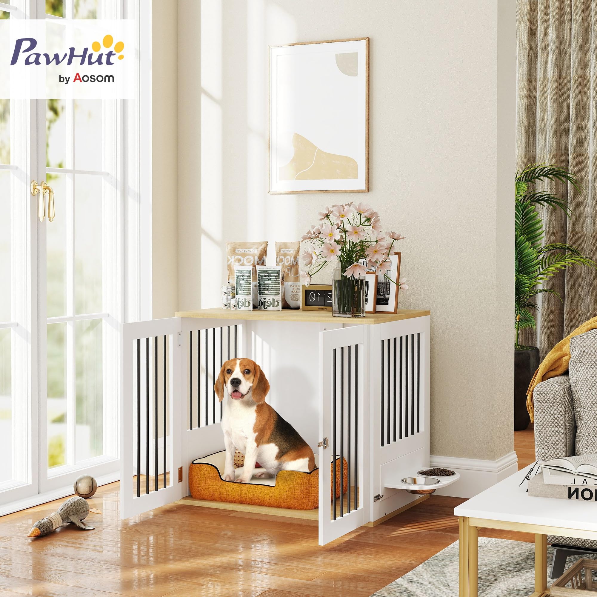 PawHut Jaula para Perros Medianos 2 en 1 Mesa Auxiliar con 2 Puertas con Pestillo Comedero Giratorio de 360° 2 Cuencos y Almohadillas Antideslizantes 80x55x71,5 cm Blanco
