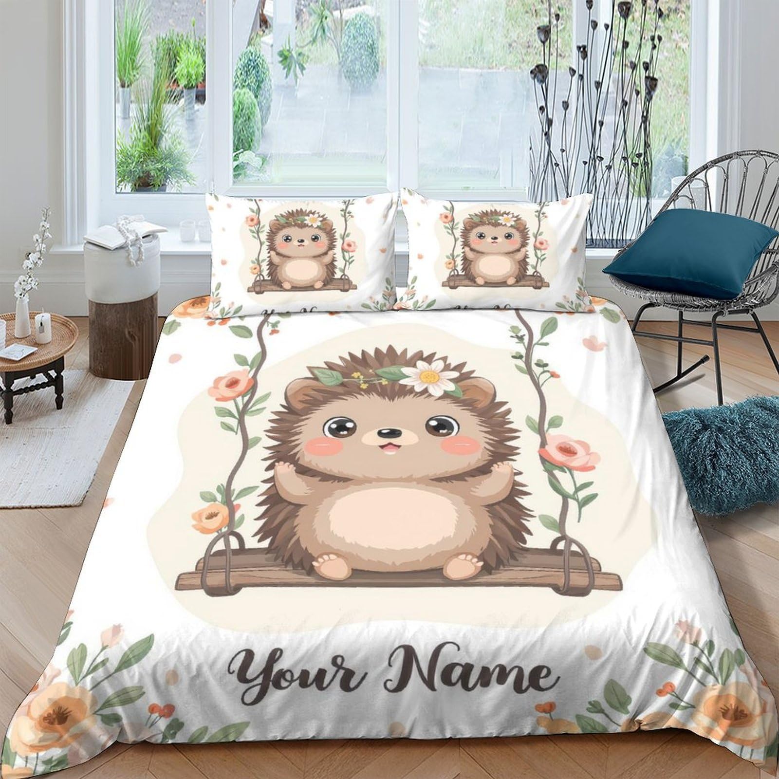 P5V6M1Q9 3D Printed Cute Hedgehog Duvet Cover Microfiber Soft Floral Bedding Set with 2 Pillowcases for Bedroom Decor Single（135x200cm）