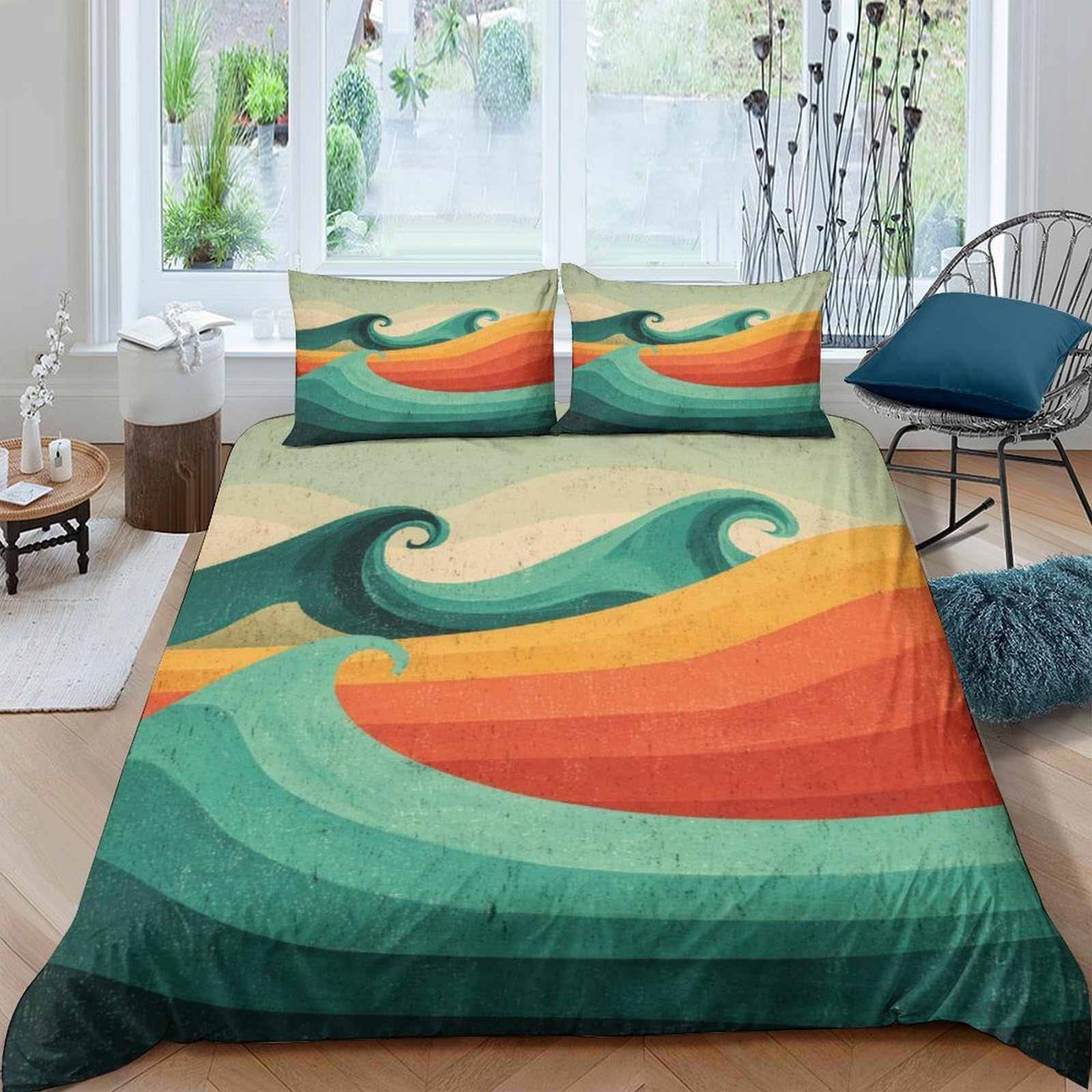 Ctjqhvkz Style-4 3D Printed Retro Wave Fitted Sheet Microfiber Orange Green Ocean Mattress Cover For Bedroom Guest Room Decor Single（135X200cm）