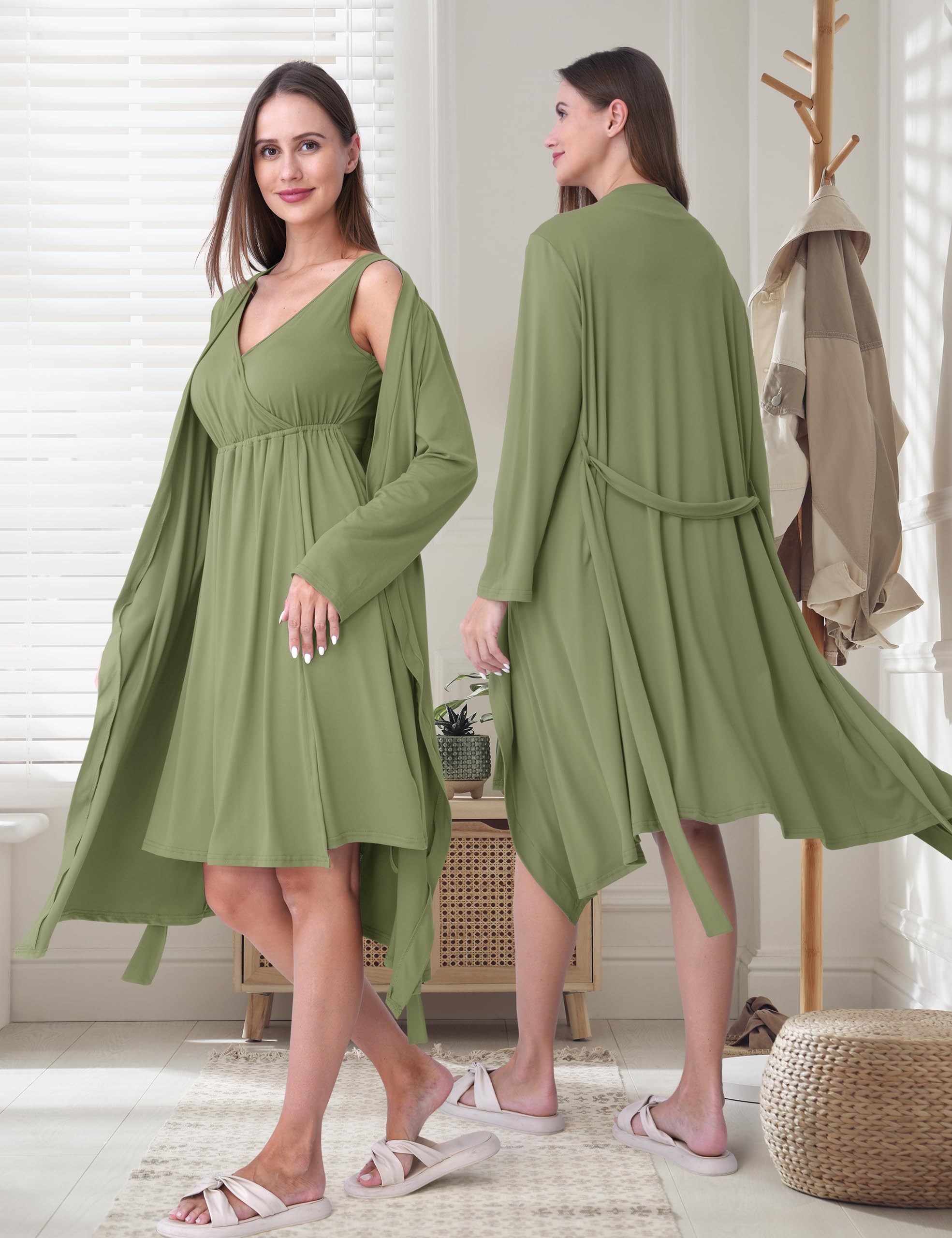 SUNNYBUY Chemise de nuit de grossesse et d'allaitement avec peignoir 2 pièces | Ensemble de robe de nuit 3 en 1 pour naissance, lit de semaine et allaitement
