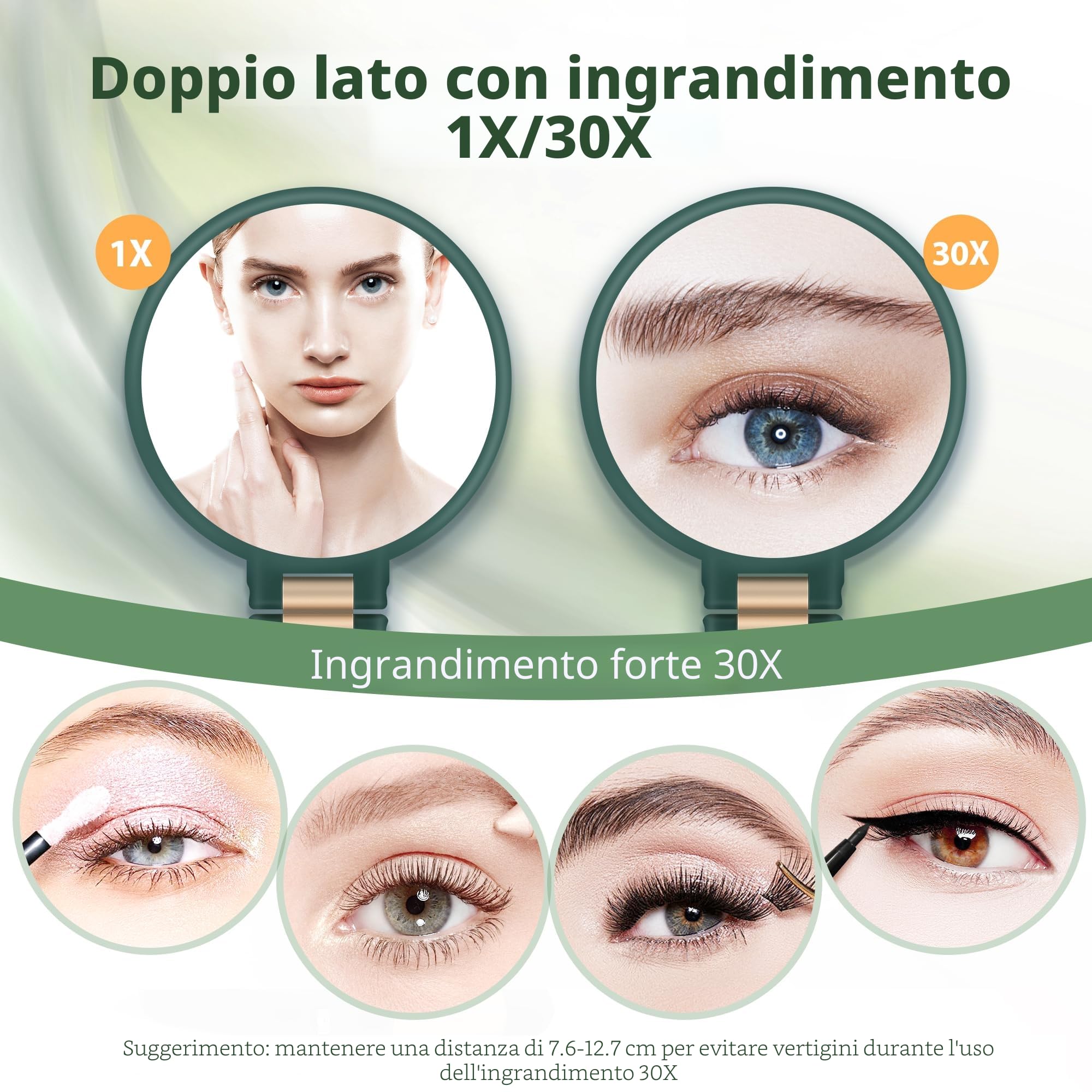 MIYADIVA Specchio ingranditore portatile, doppio lato, specchio da viaggio con ingrandimento 30X/1X, manico regolabile a 360° e pinzette di precisione, specchio portatile multiuso per il trucco, verde