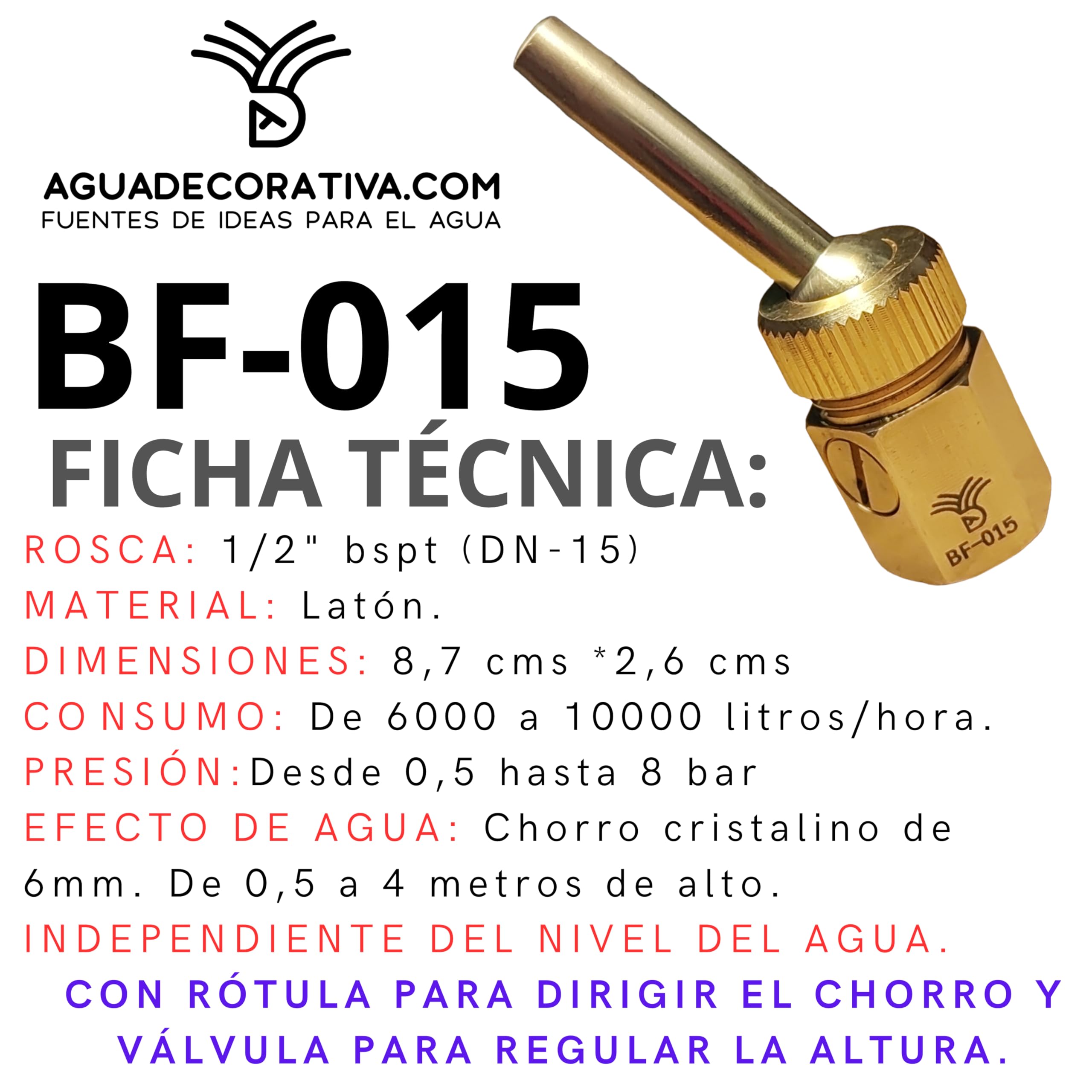 Ugelli per fontane da giardino, getto di lancia da 1/2", getti orientabili da 6 mm con valvola per regolare l'altezza (ottone) - BF015