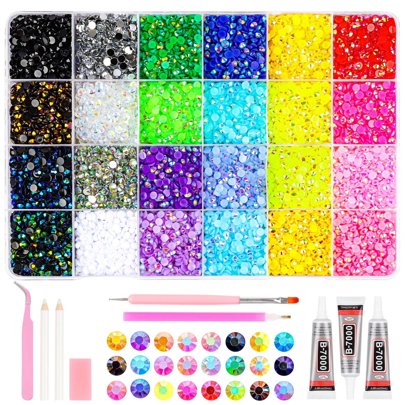 24 Colors Resin Jelly Rhinestones for Bedazzling Kit, 19200Pcs Multicolor 3mm Bedazzle Kits, Bedazzling Kit with Glue 3 PCS, Bedazzled Kits for Nail Art Crafting Book Makeup Clothing Shoes Diamond Art - 2