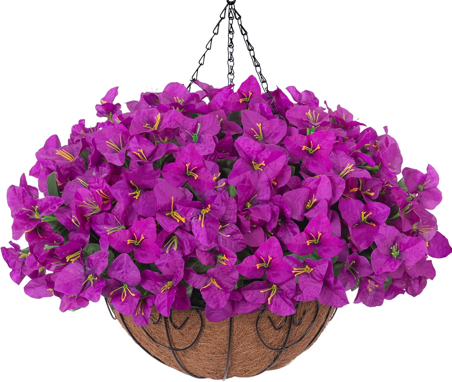 Artificial Fake Hanging Flowers Plants Basket for Outdoors Spring Summer Decor, Faux Silk Bougainvillea in Planter Look Real UV Resistant Faux Flower for Outside Porch Patio Garden Home Decor, Purple