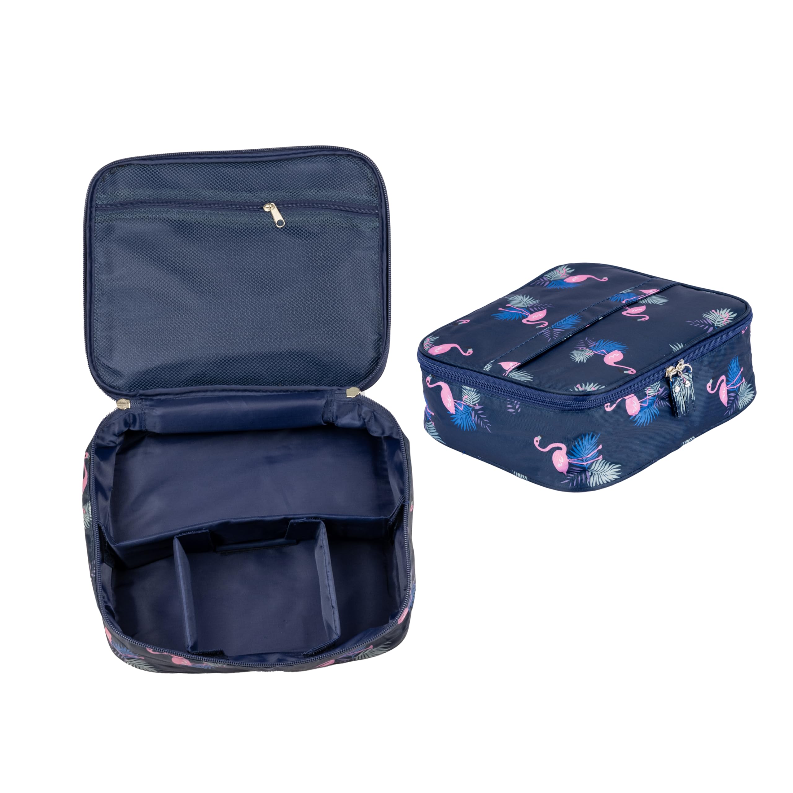 Small Portable Travel Cosmetic Bag Organizer Nylon Make up Pouch Kit for Women (Navy Blue - Flamingo)
